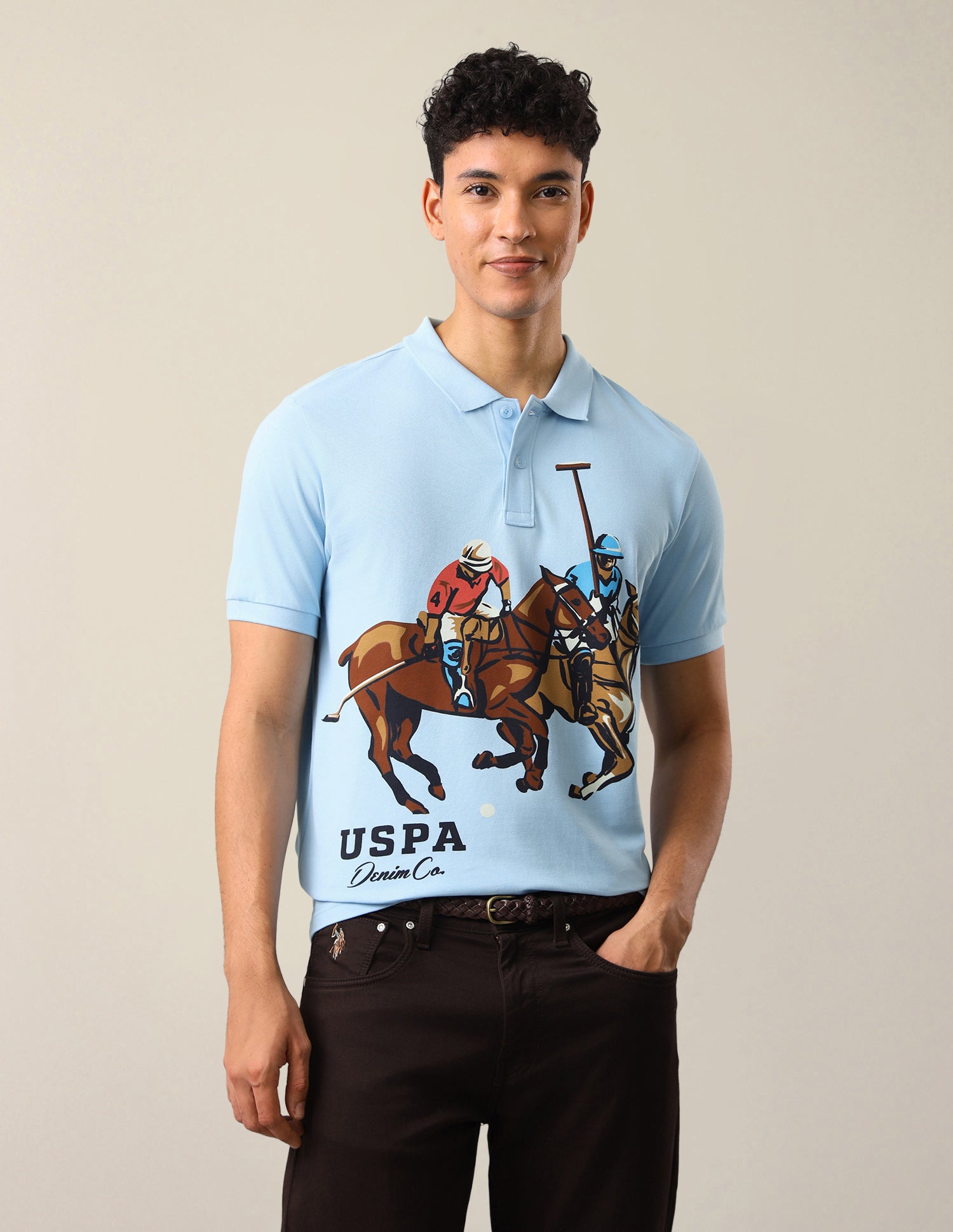 Graphic Brand Printed Slim Fit Polo Shirt Light Blue - U.S. Polo Assn. India | Large