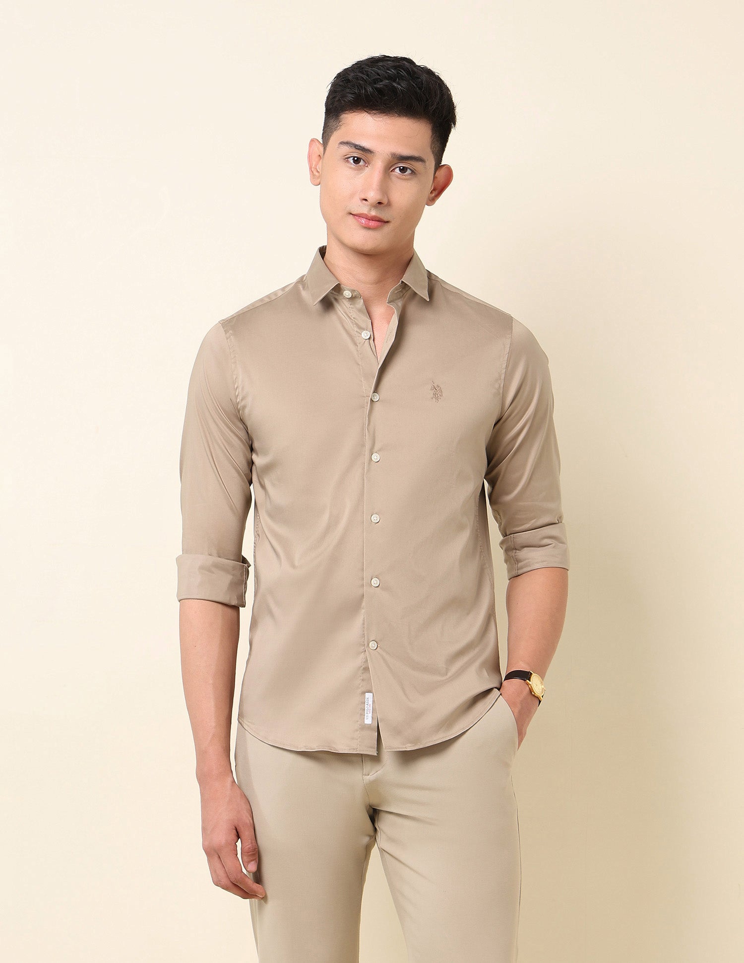 Tailored Fit Solid Shirt Khaki - U.S. Polo Assn. India | Large