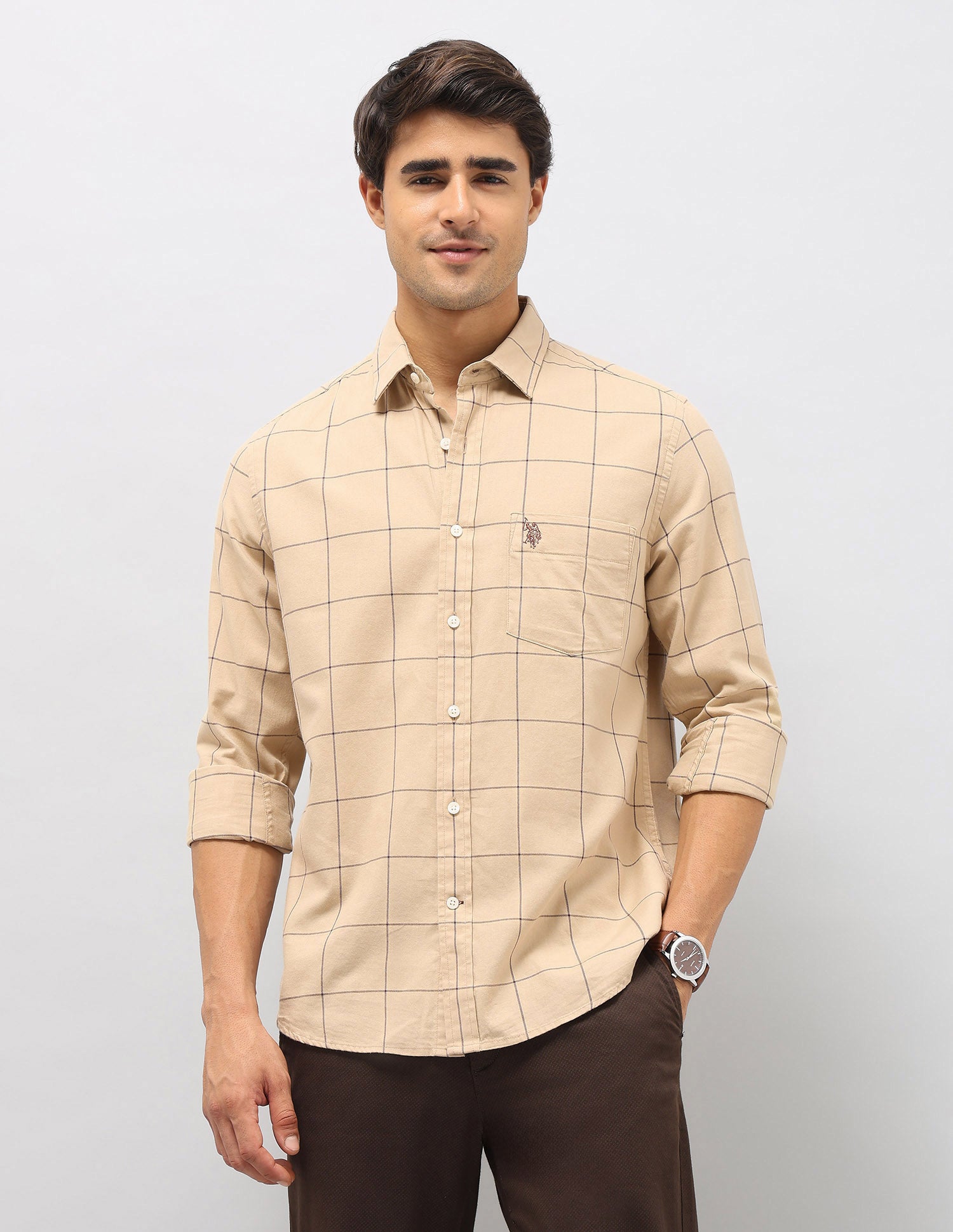 Windowpane Checked Pure Cotton Shirt Dark Beige - U.S. Polo Assn. India | Large