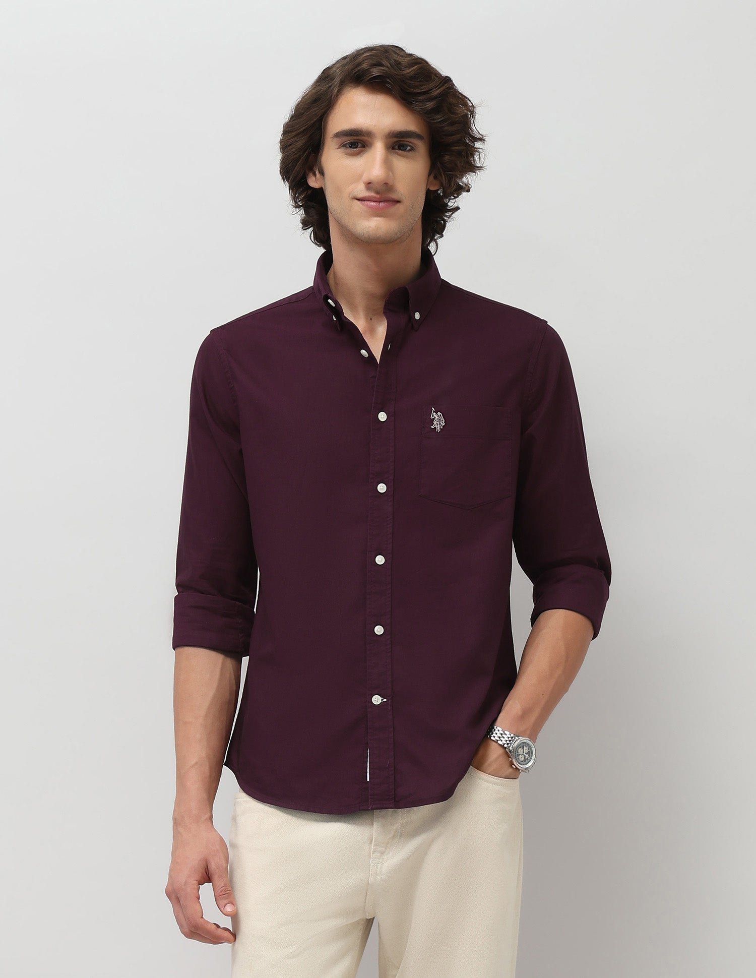 Tailored Fit Pure Cotton Shirt Burgundy - U.S. Polo Assn. India | Large