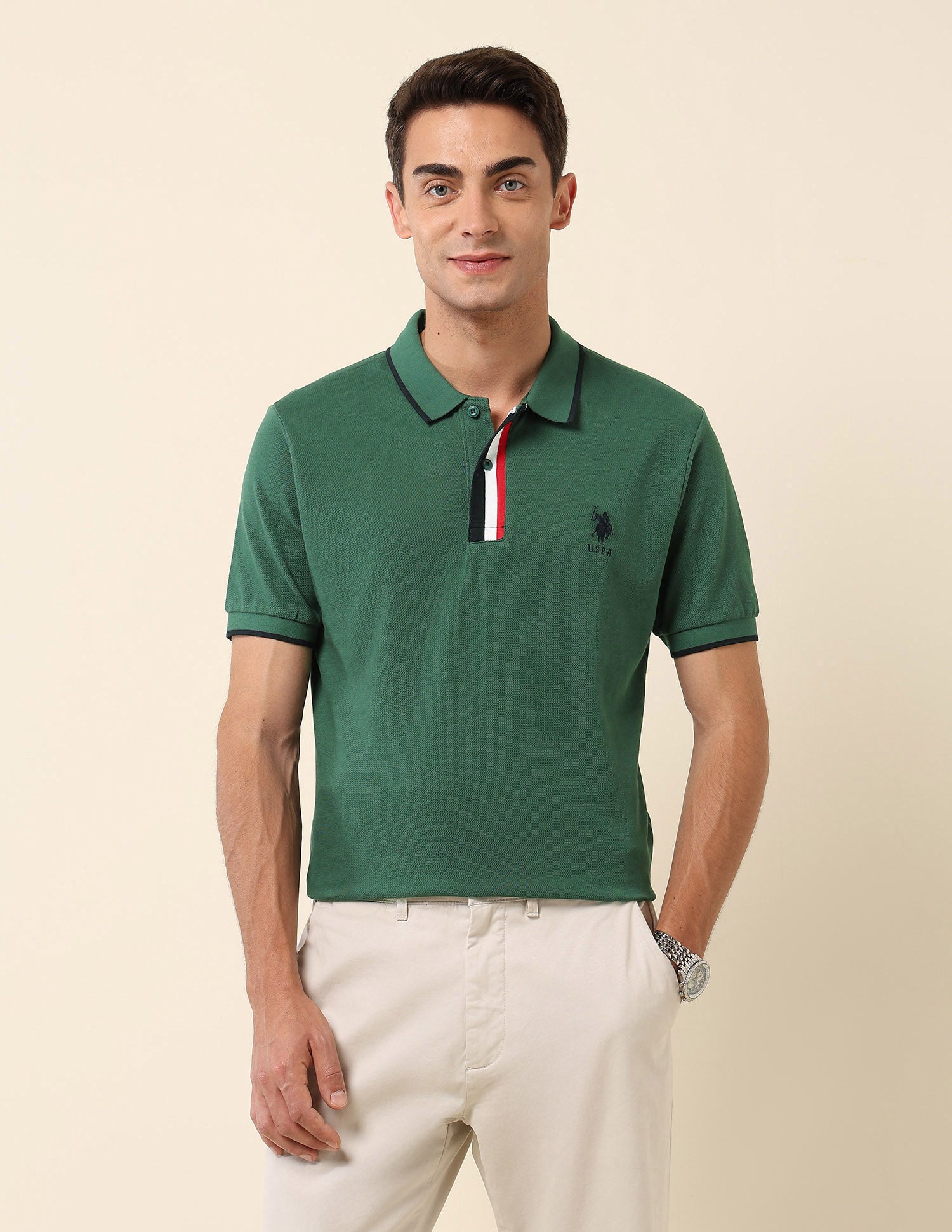 Slim Fit Solid Polo Shirt Dark Green - U.S. Polo Assn. India | Large