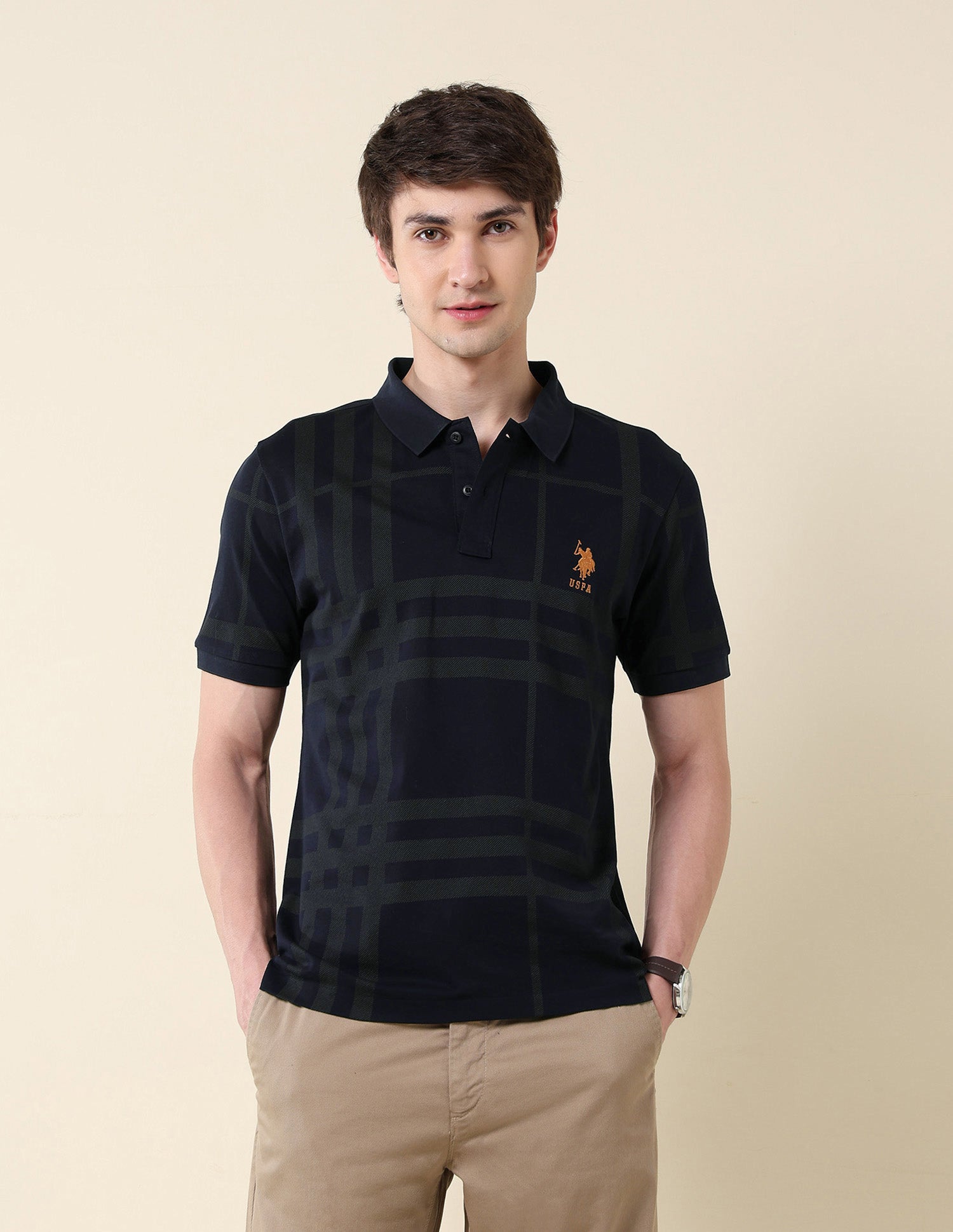 Checked Pure Cotton Varsity Polo Shirt Navy - U.S. Polo Assn. India | Large