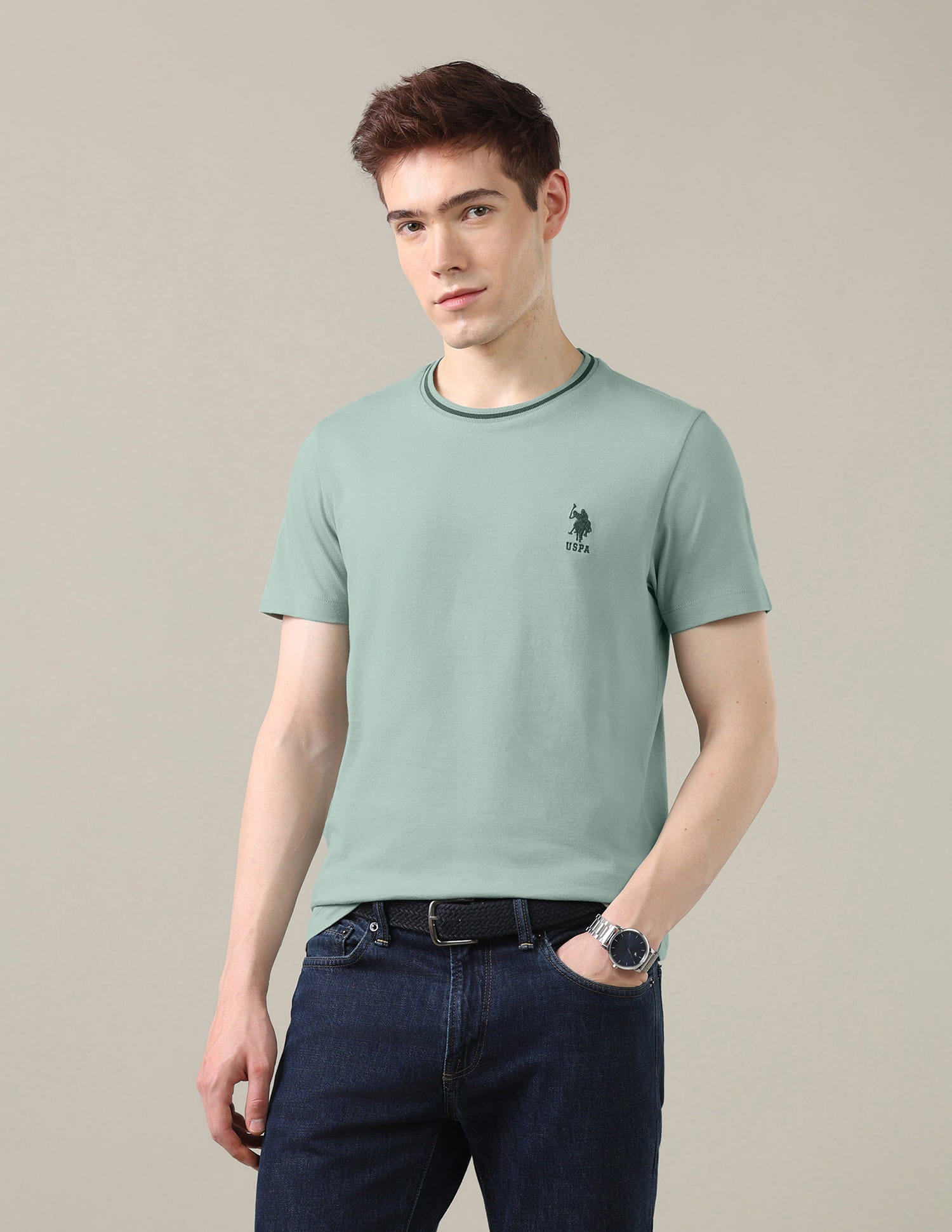Solid Regular Fit T-Shirt Green - U.S. Polo Assn. India | Large
