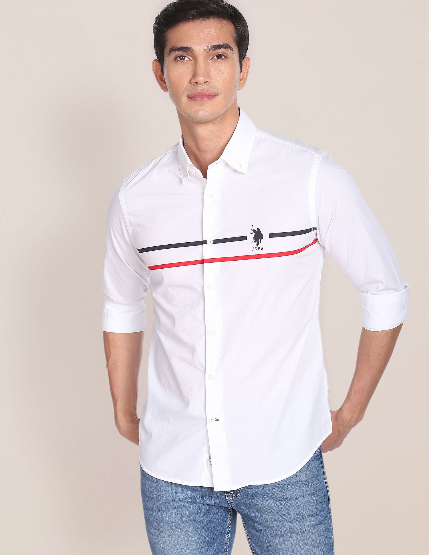 Horizontal Stripe Cotton Casual Shirt White - U.S. POLO ASSN. | Large