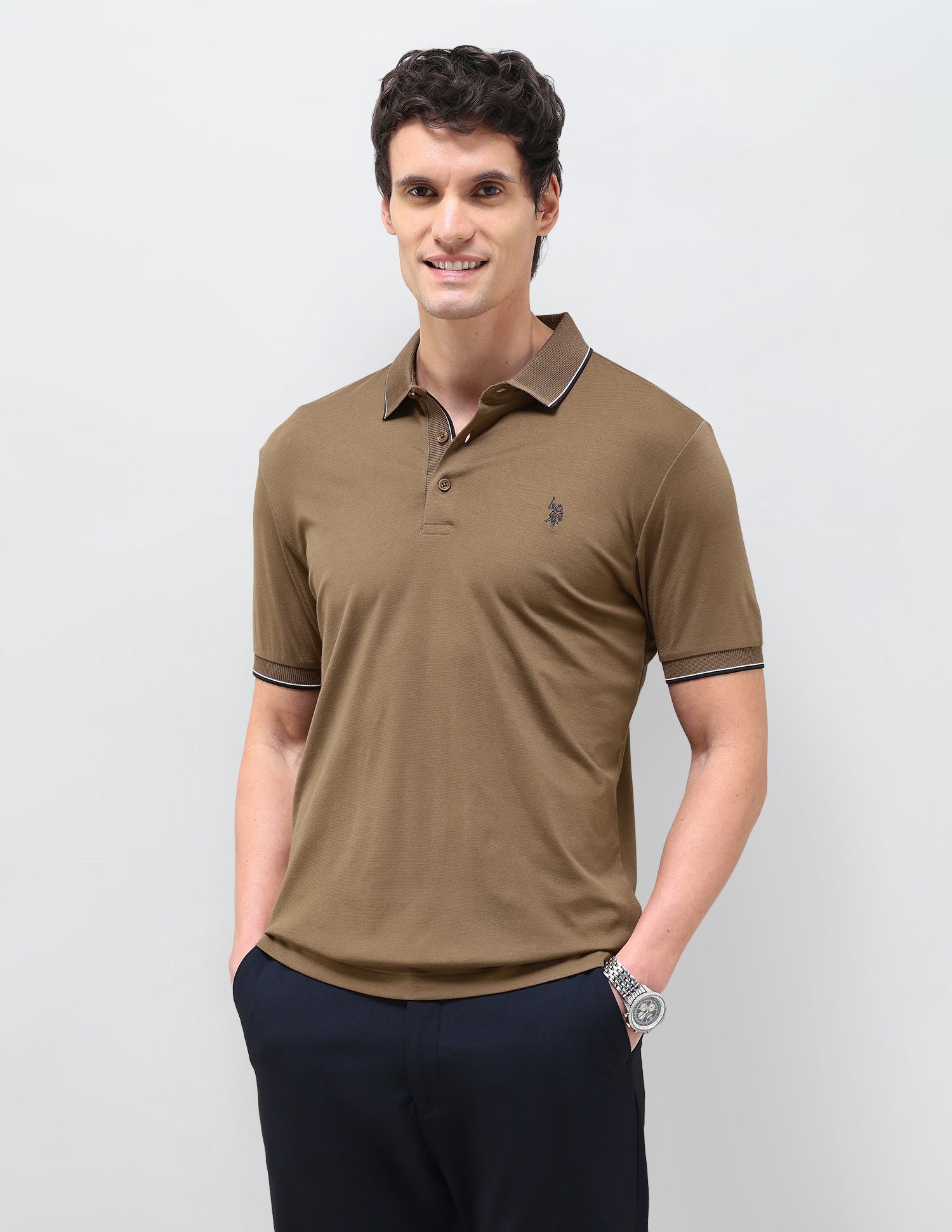 Solid Slim Fit Polo Shirt Khaki - U.S. Polo Assn. India | Large