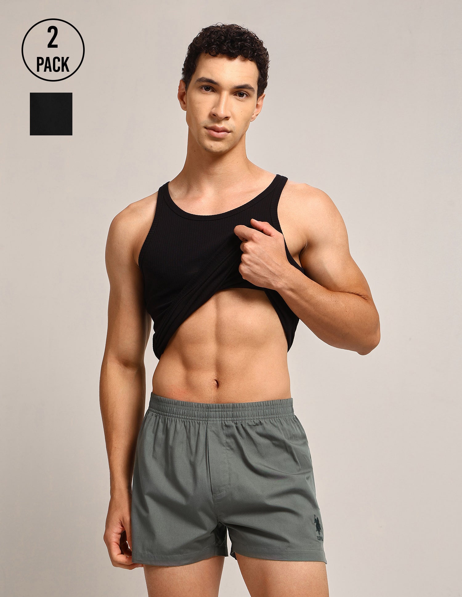 Light Cotton OEX16-P2 Boxer Shorts - Pack Of 2 Steel Grey & Black - U.S. Polo Assn. India | Large