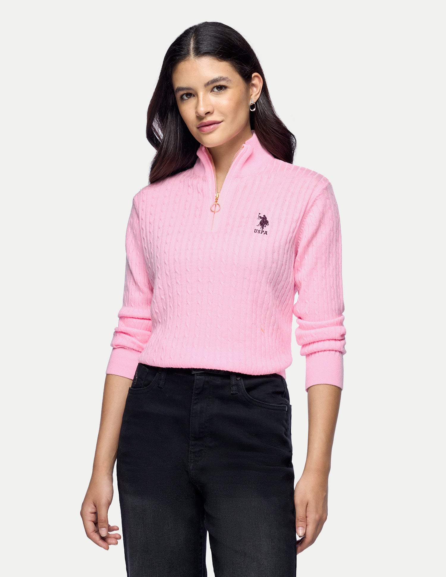 Cable Patterned Knit Regular Fit Sweater Pink - U.S. Polo Assn. India | Large