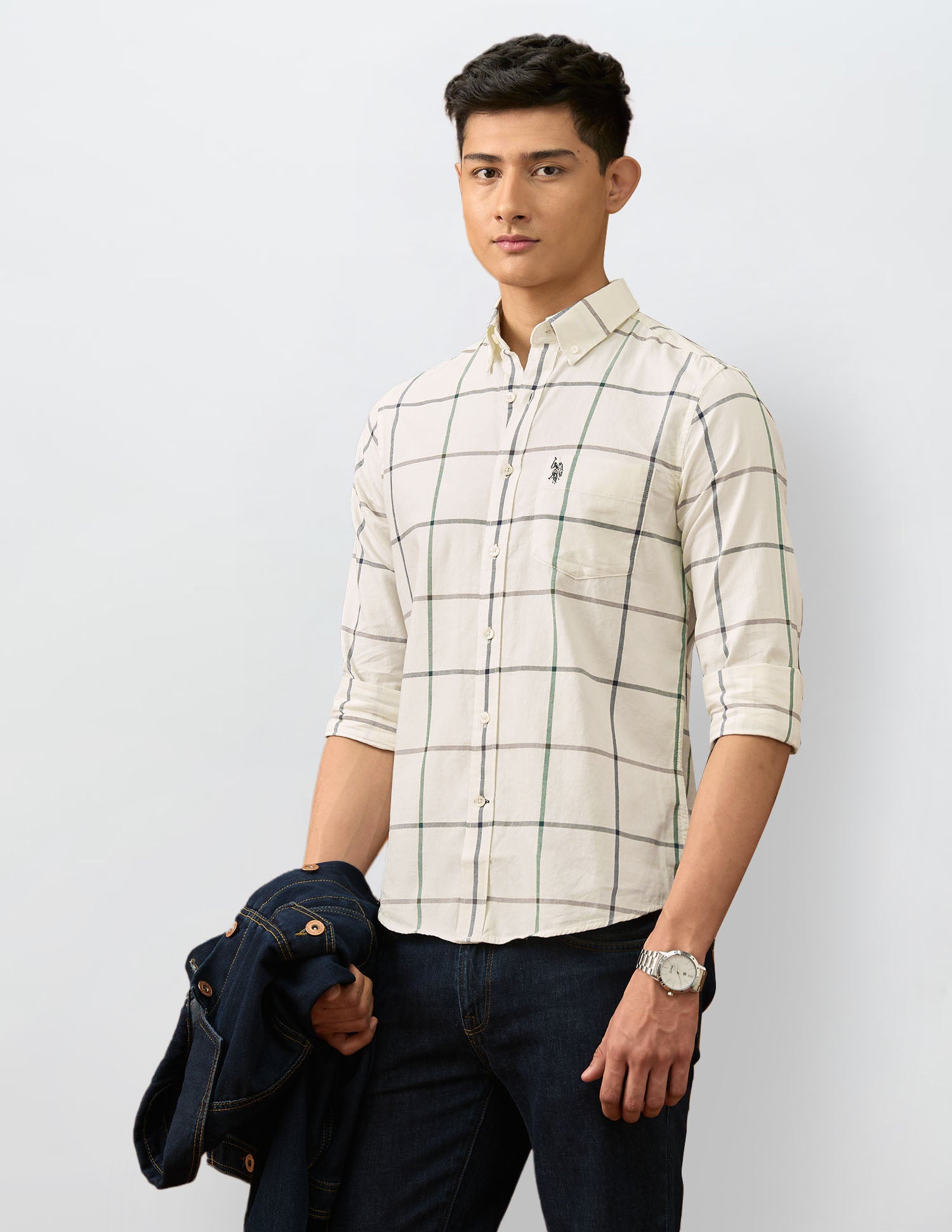 Windowpane Checked Tailored Fit Varsity Shirt