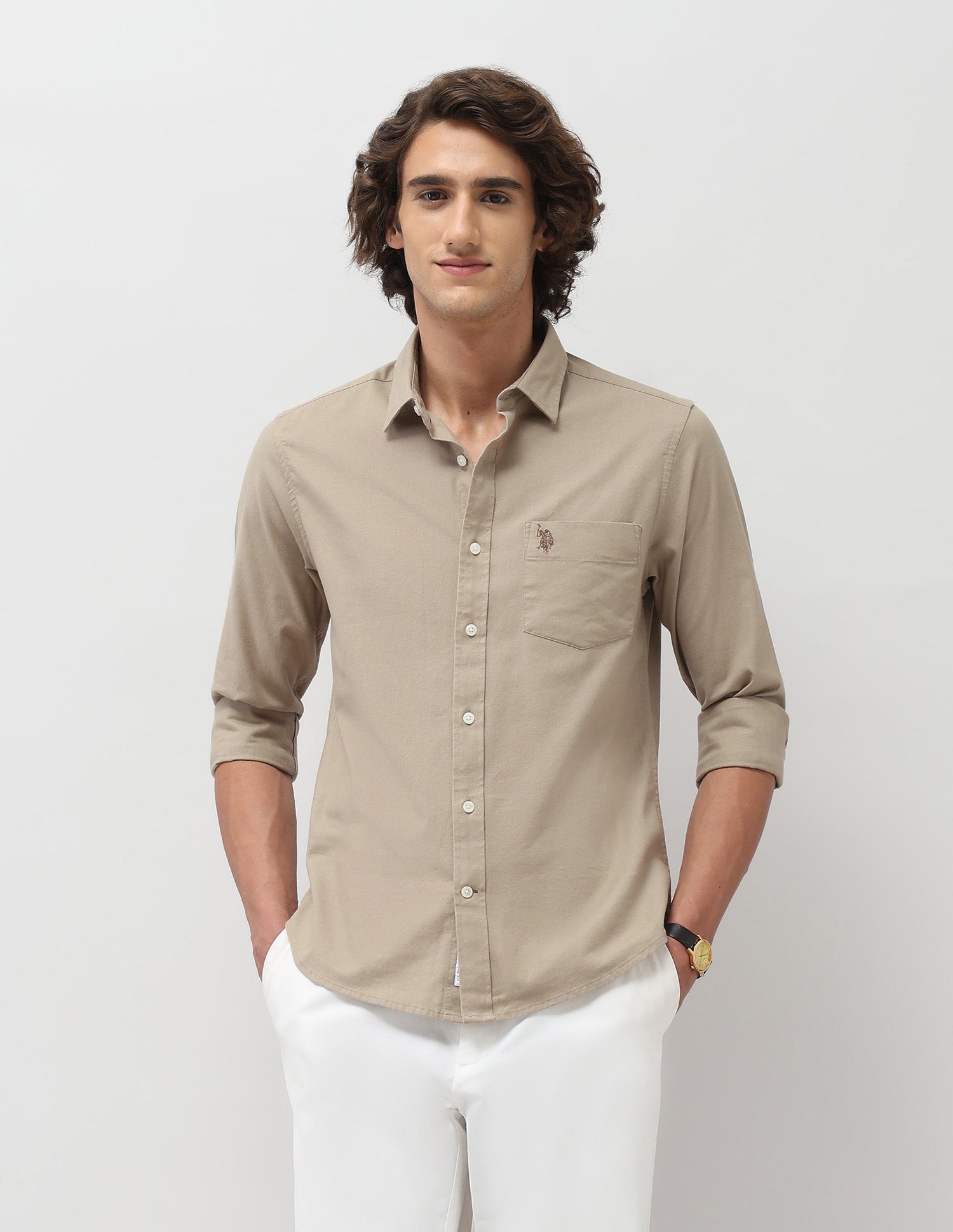 Tailored Fit Solid Shirt Khaki - U.S. Polo Assn. India | Large