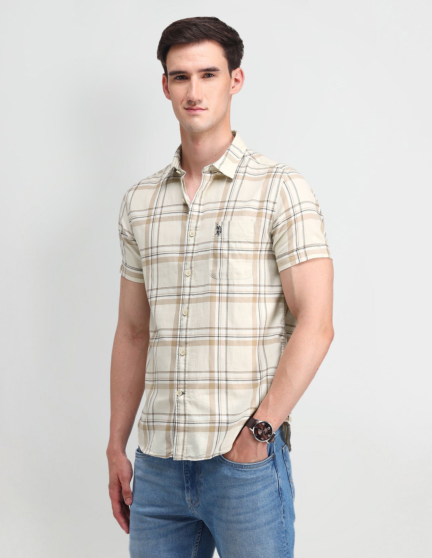 Tartan Checked Slim Fit Shirt Ecru - U.S. Polo Assn. India | Large