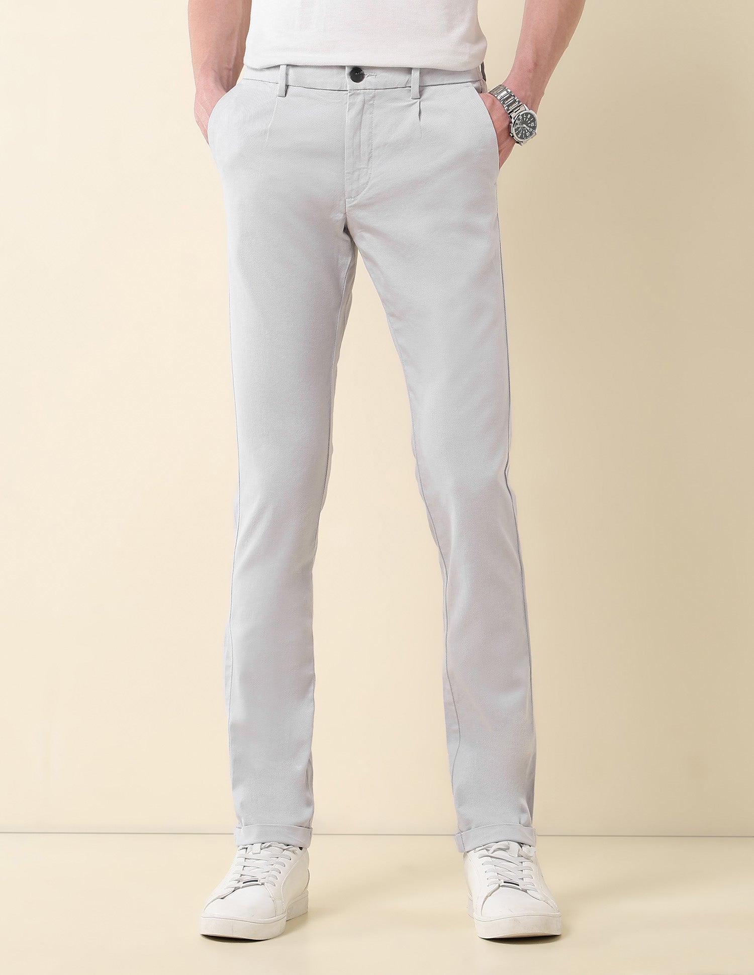 Solid Denver Slim Fit Twill Trousers Light Grey - U.S. Polo Assn. India | Large