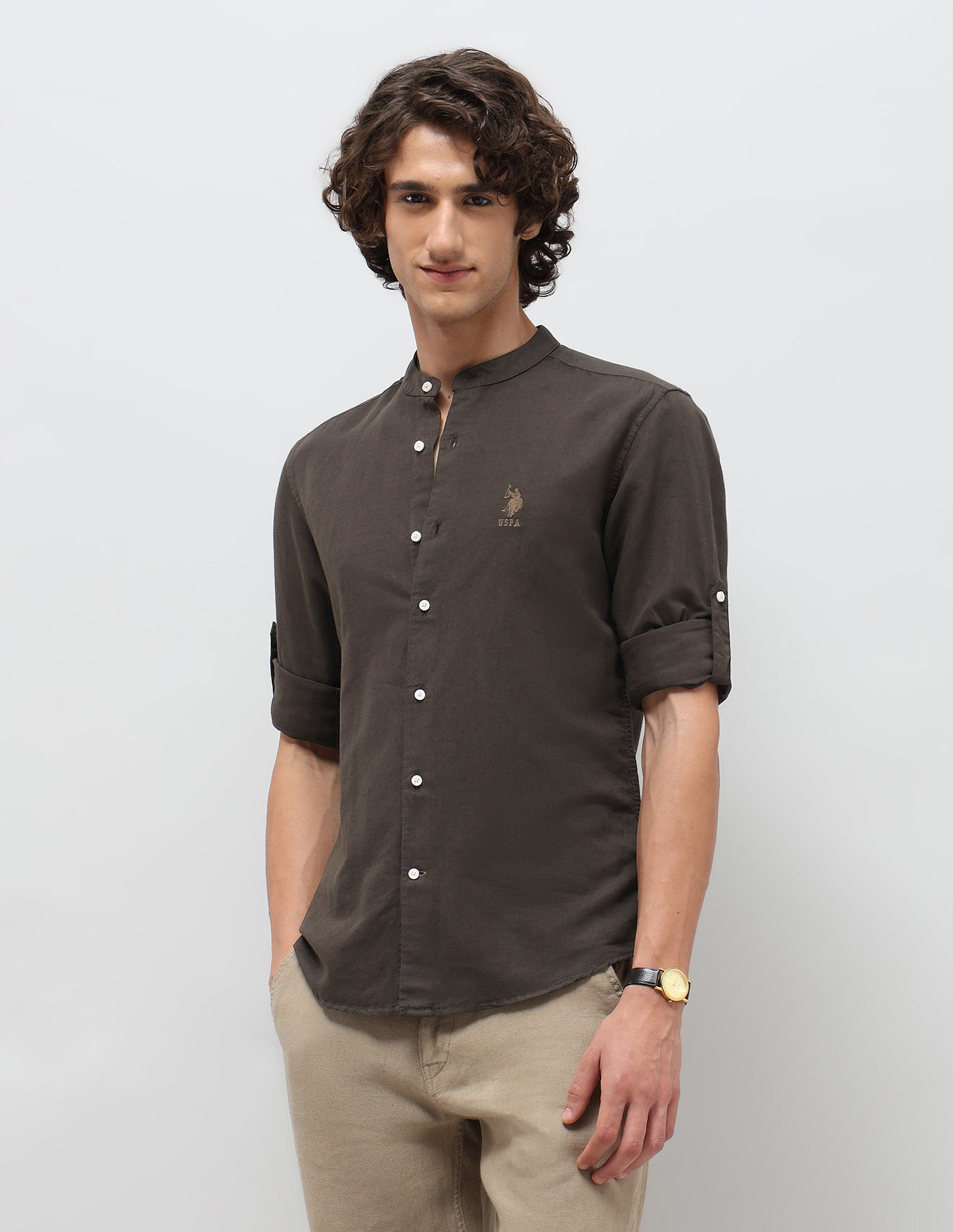 Solid Regular Fit Mandarin Shirt
