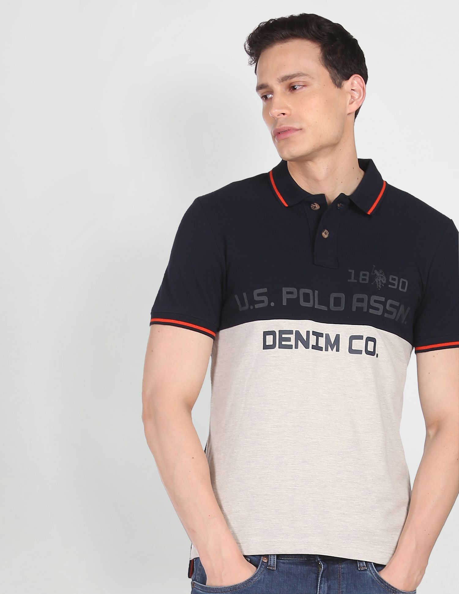 Brand Print Cotton Polo Shirt Navy and Off-White - U.S. Polo Assn. India | Large