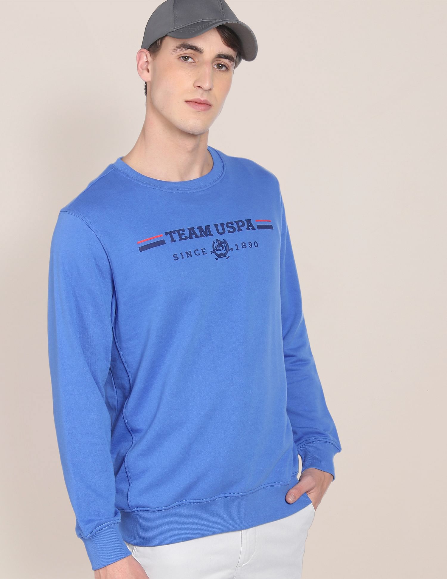 Men Blue Crew Neck Brand Print Sweatshirt Blue - U.S. POLO ASSN. | Large