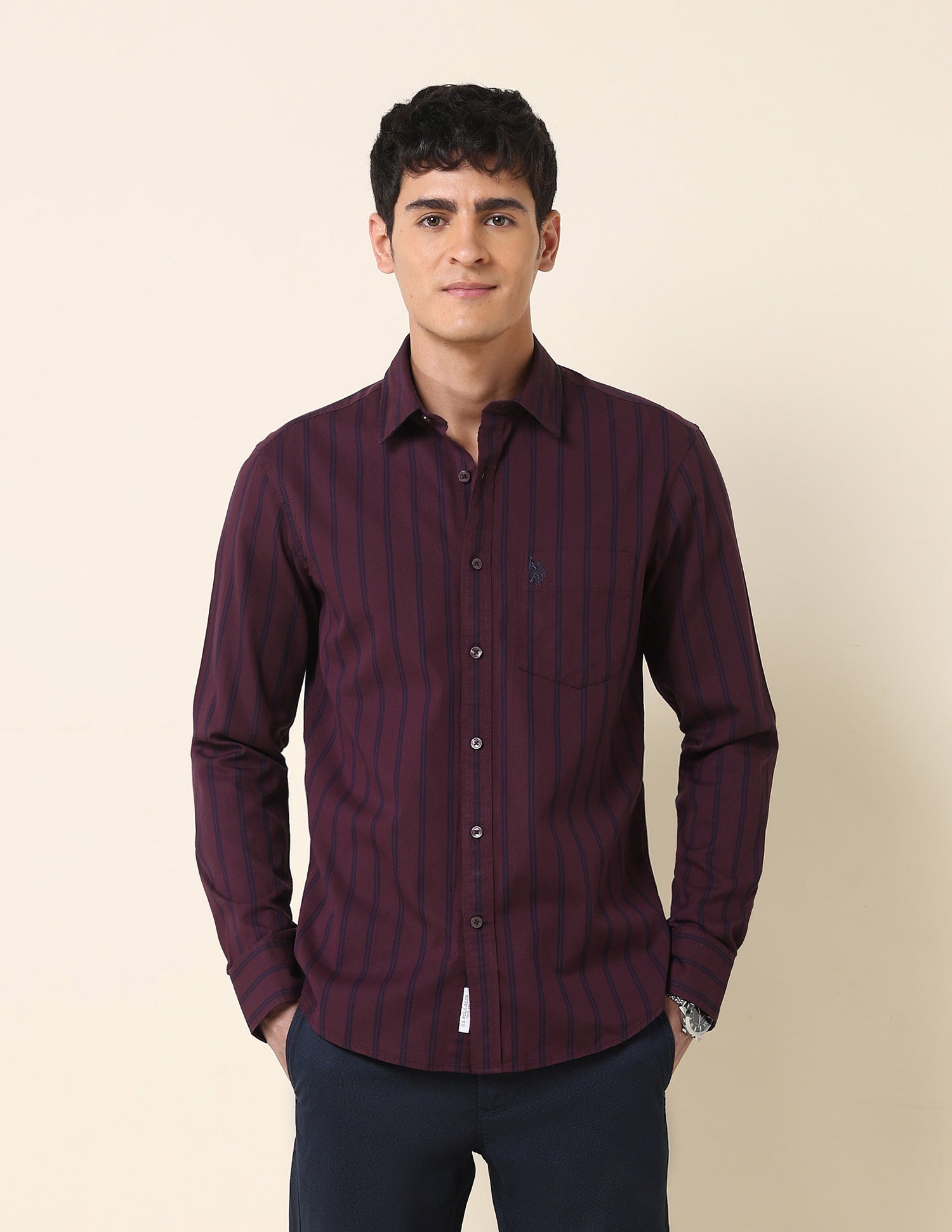Vertical Striped Tailored Fit Shirt Maroon - U.S. Polo Assn. India | Large