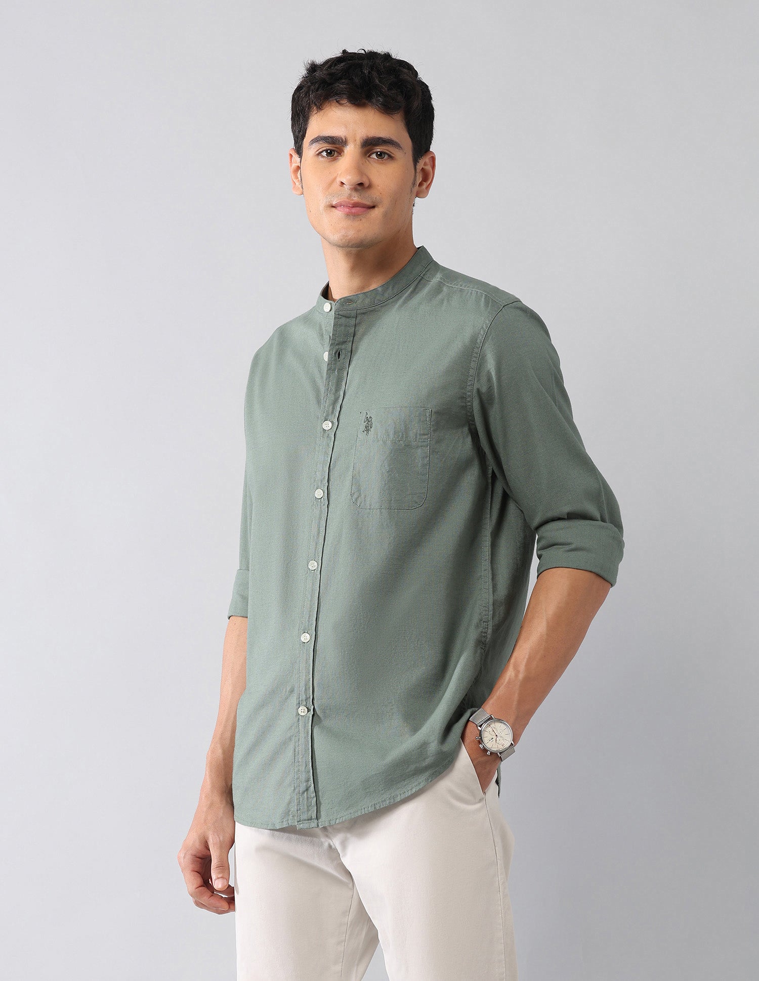 Solid Regular Fit Mandarin Shirt