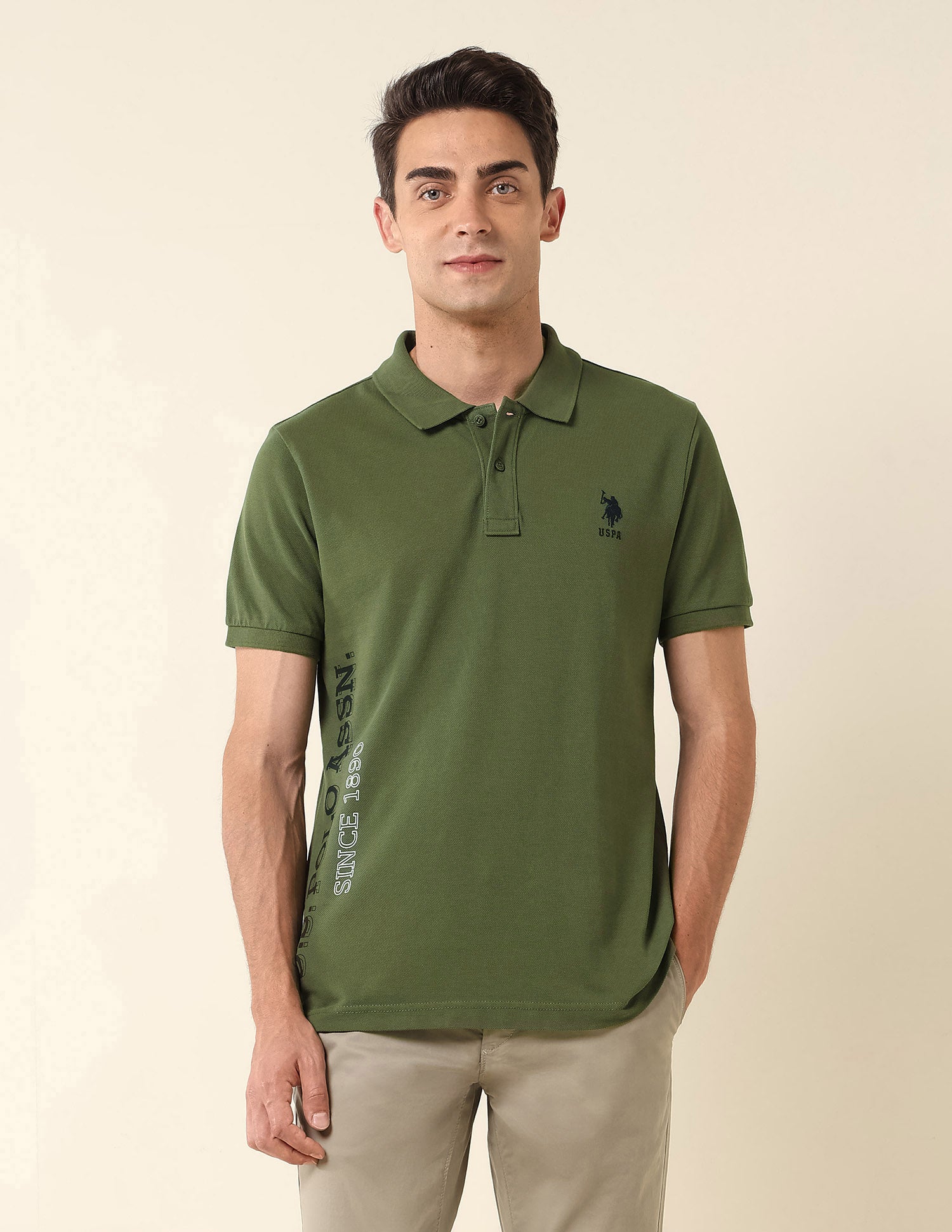 Brand Printed Pure Cotton Polo Shirt Olive - U.S. Polo Assn. India | Large