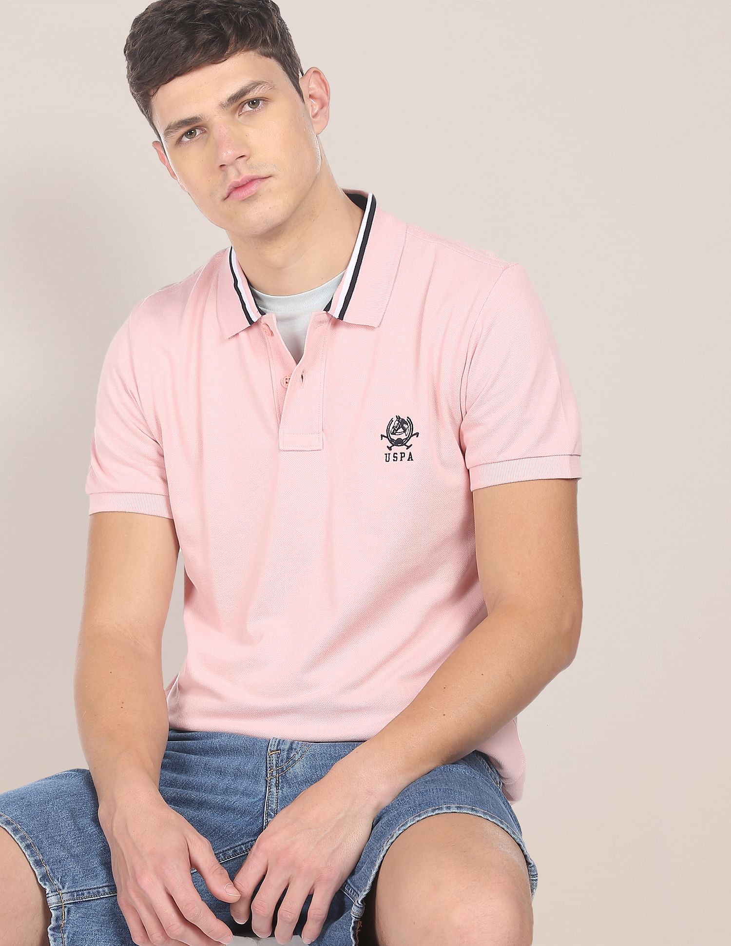 Men Pink Cotton Solid Polo Shirt Pink - U.S. POLO ASSN. | Large