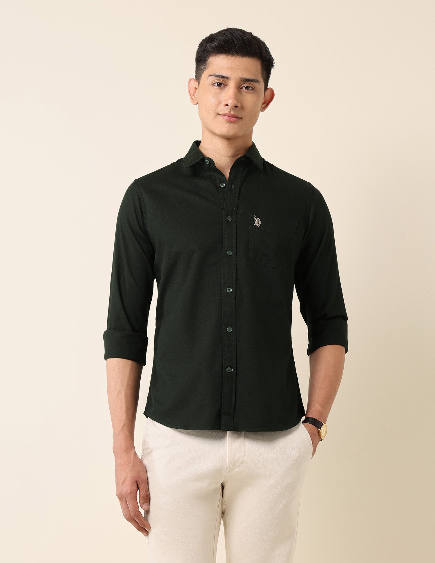 Tailored Fit Pure Cotton Shirt Dark Olive - U.S. Polo Assn. India | Large
