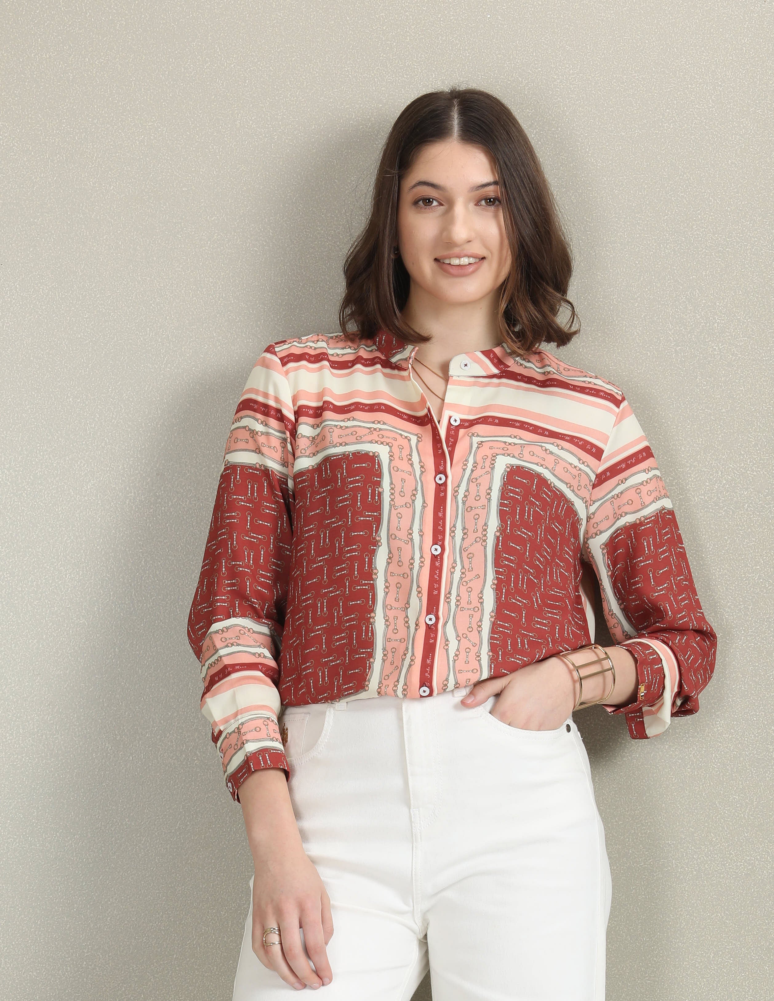 Mandarin Collar Geometric Print Shirt White, Peach and Brown - U.S. Polo Assn. India | Large