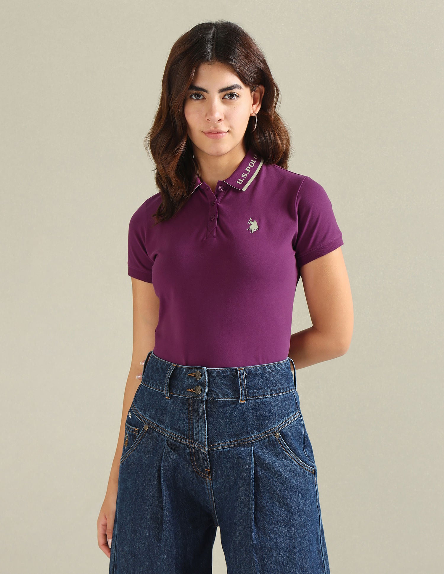 Logo Collar Pique Polo Shirt Purple - U.S. Polo Assn. India | Large