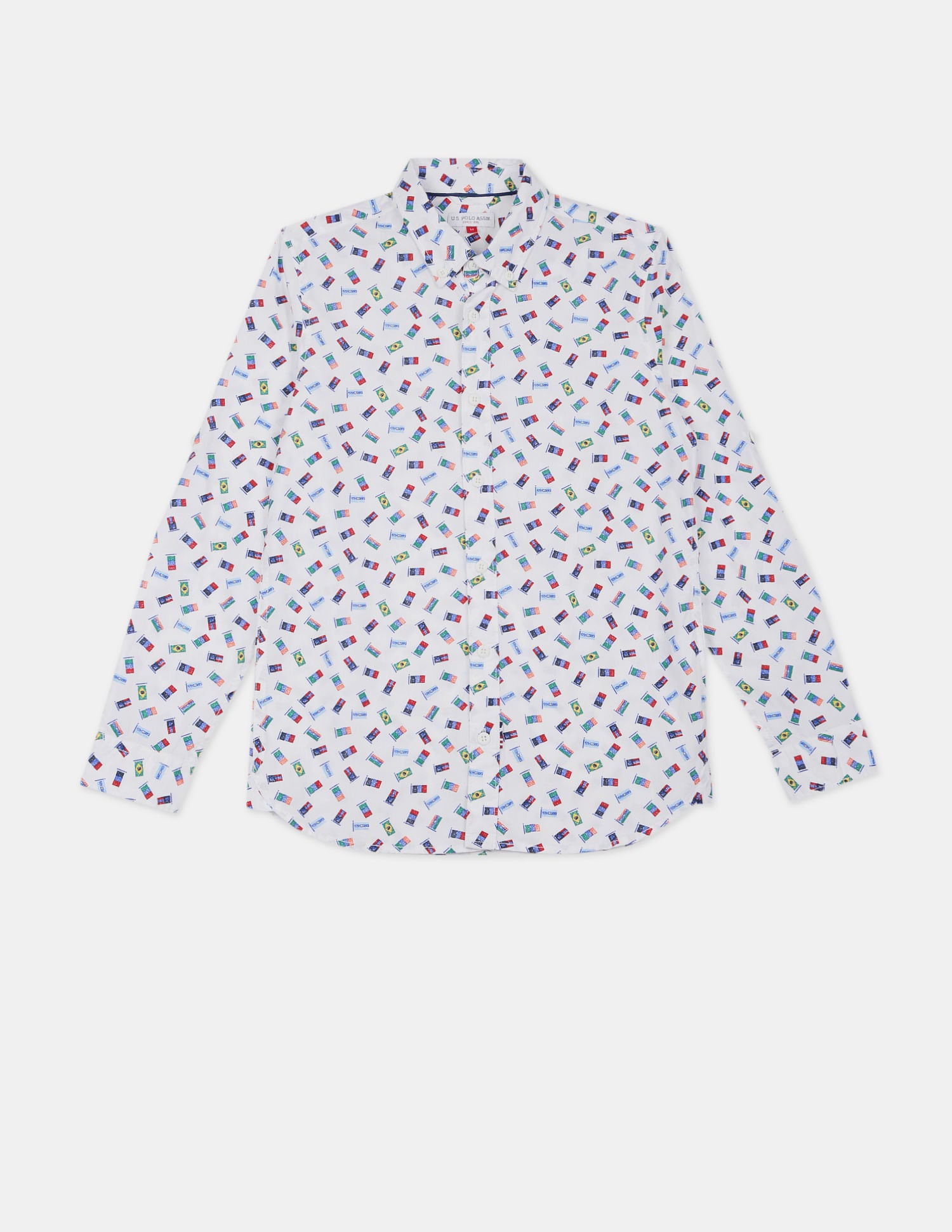 Boys White Button Down Collar Printed Shirt