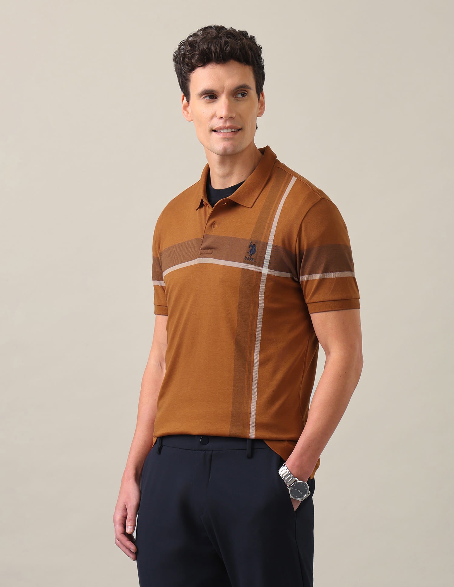 Horizontal Striped Slim Fit Polo Shirt Mustard - U.S. Polo Assn. India | Large