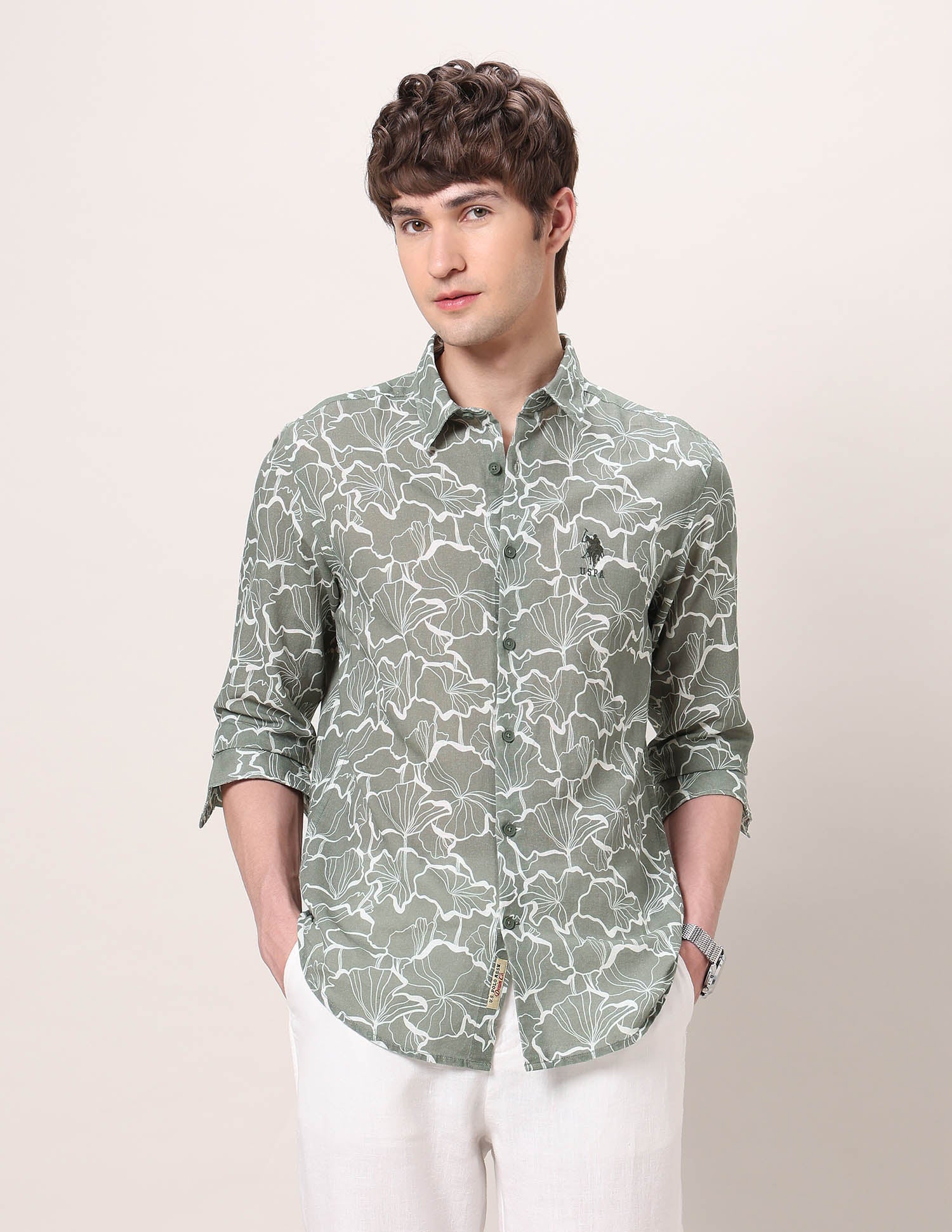 Floral Printed Regular Fit Shirt Light Olive - U.S. Polo Assn. India | Large