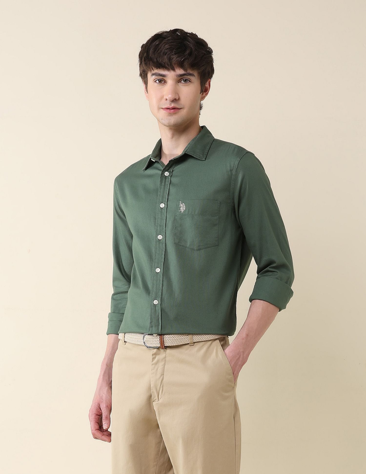 Solid Birds Eye Dobby Shirt Light Green - U.S. Polo Assn. India | Large