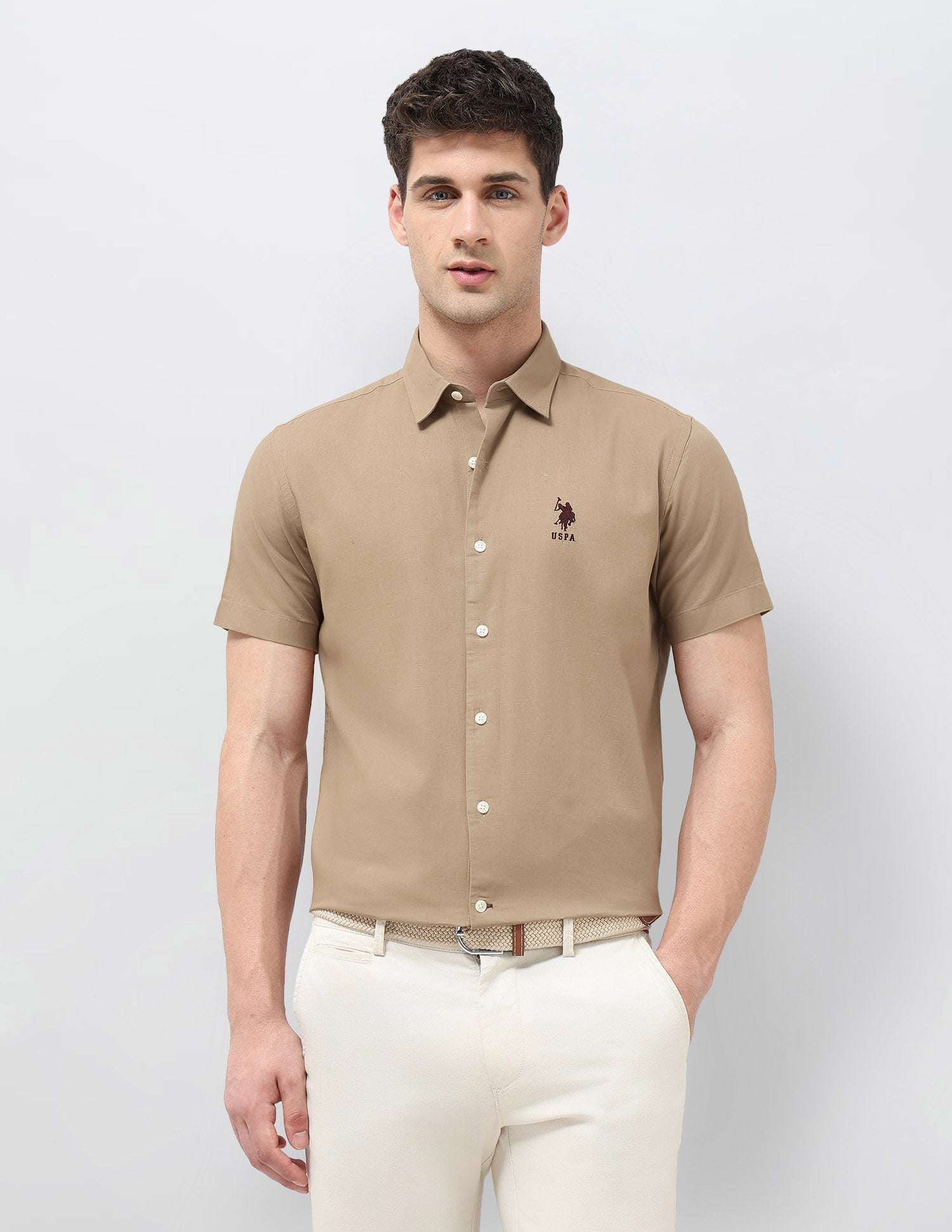 Solid Regular Fit Shirt Khaki - U.S. Polo Assn. India | Large
