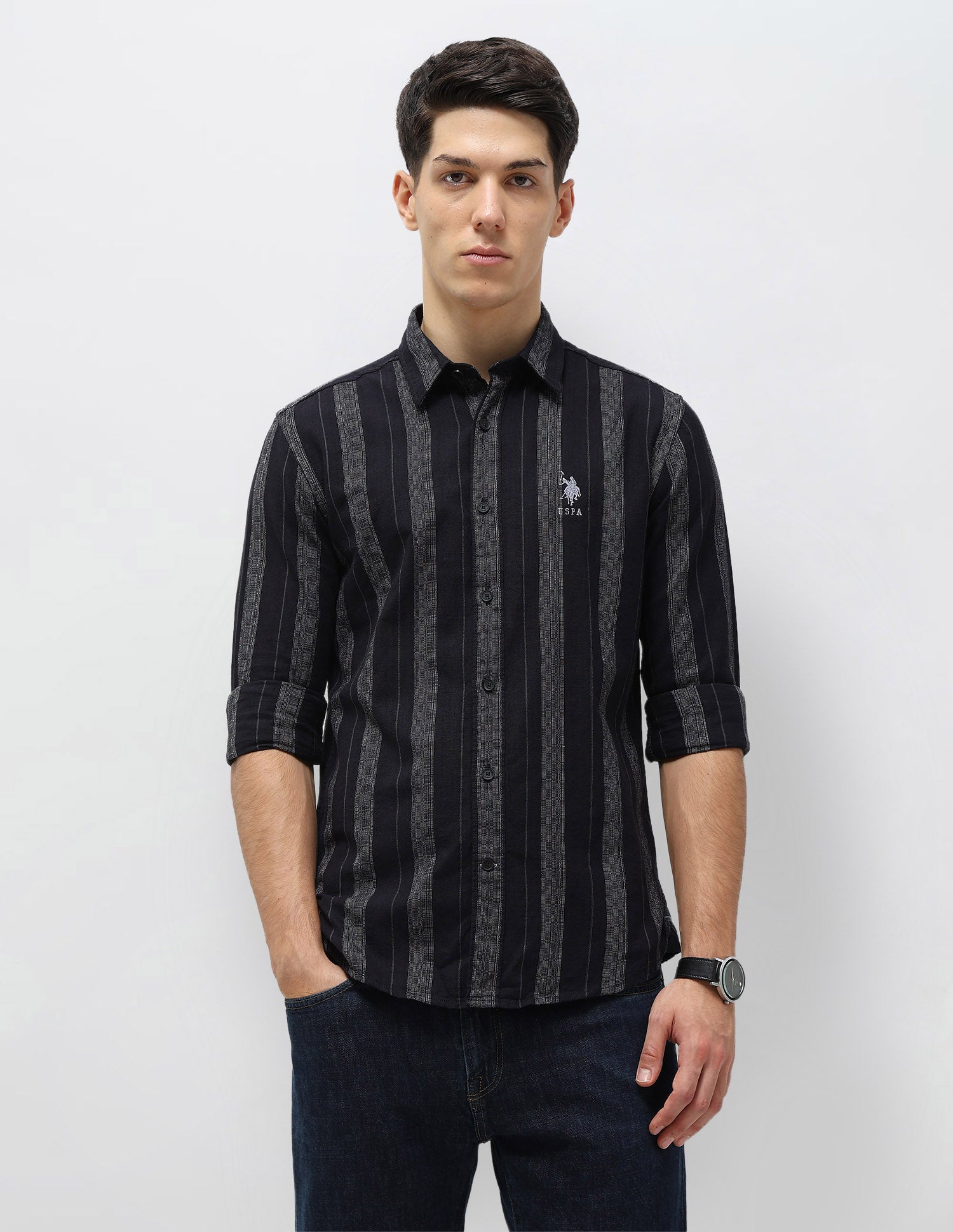 Vertical Striped Self Design Dobby Shirt Dark Navy - U.S. Polo Assn. India | Large