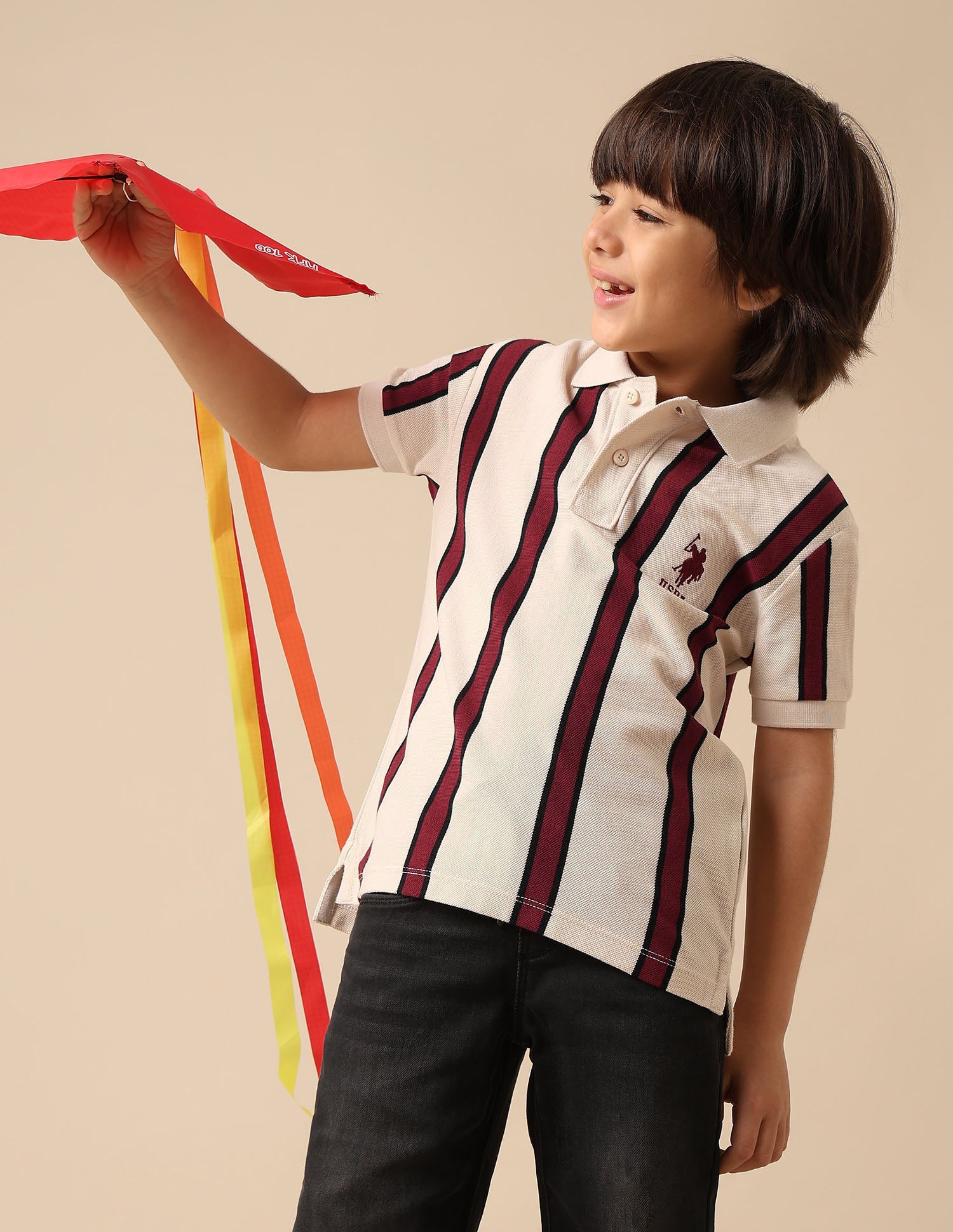 Boys Vertical Striped Regular Fit Polo Shirt