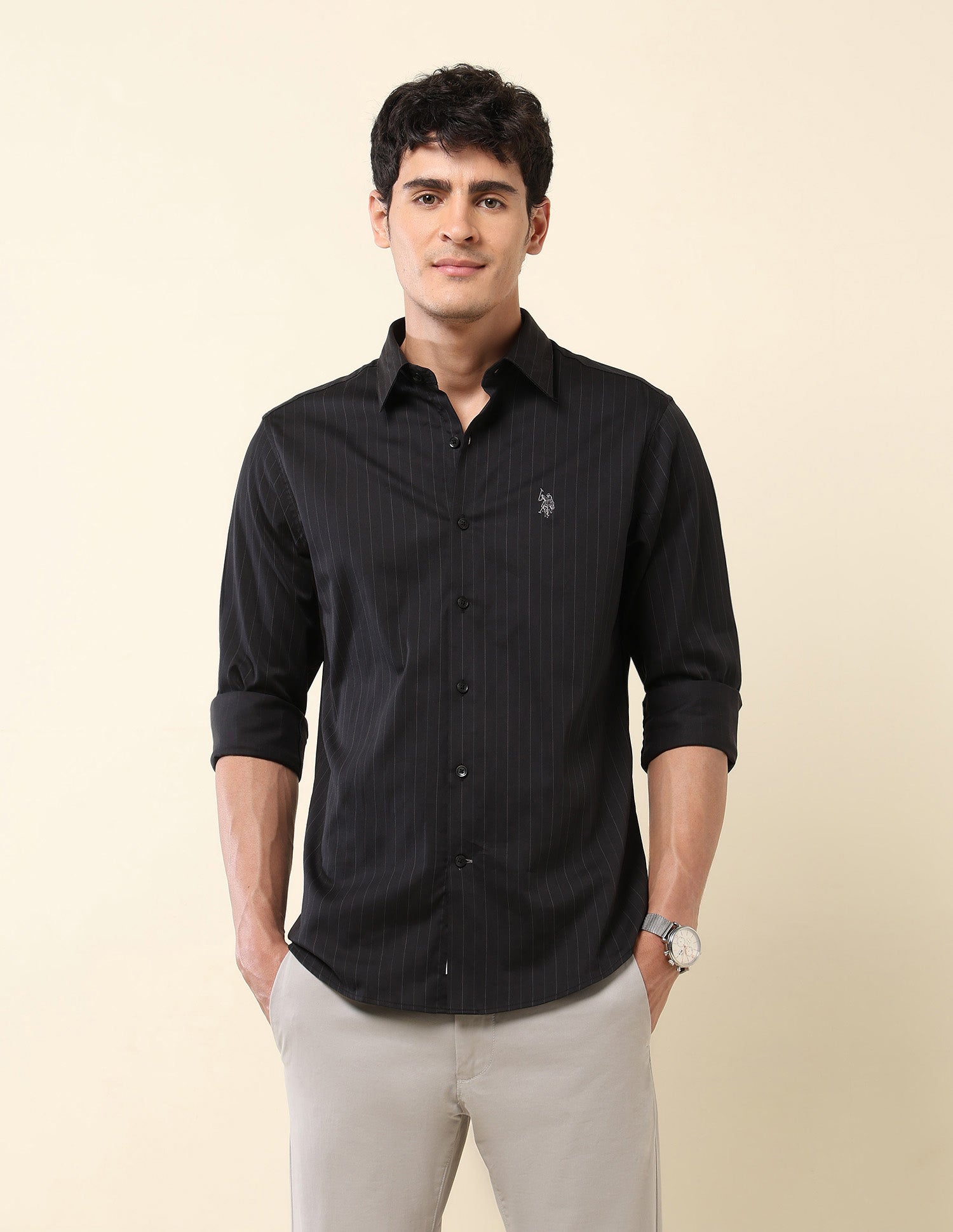 Pinstriped Tailored Fit Shirt Black - U.S. Polo Assn. India | Large