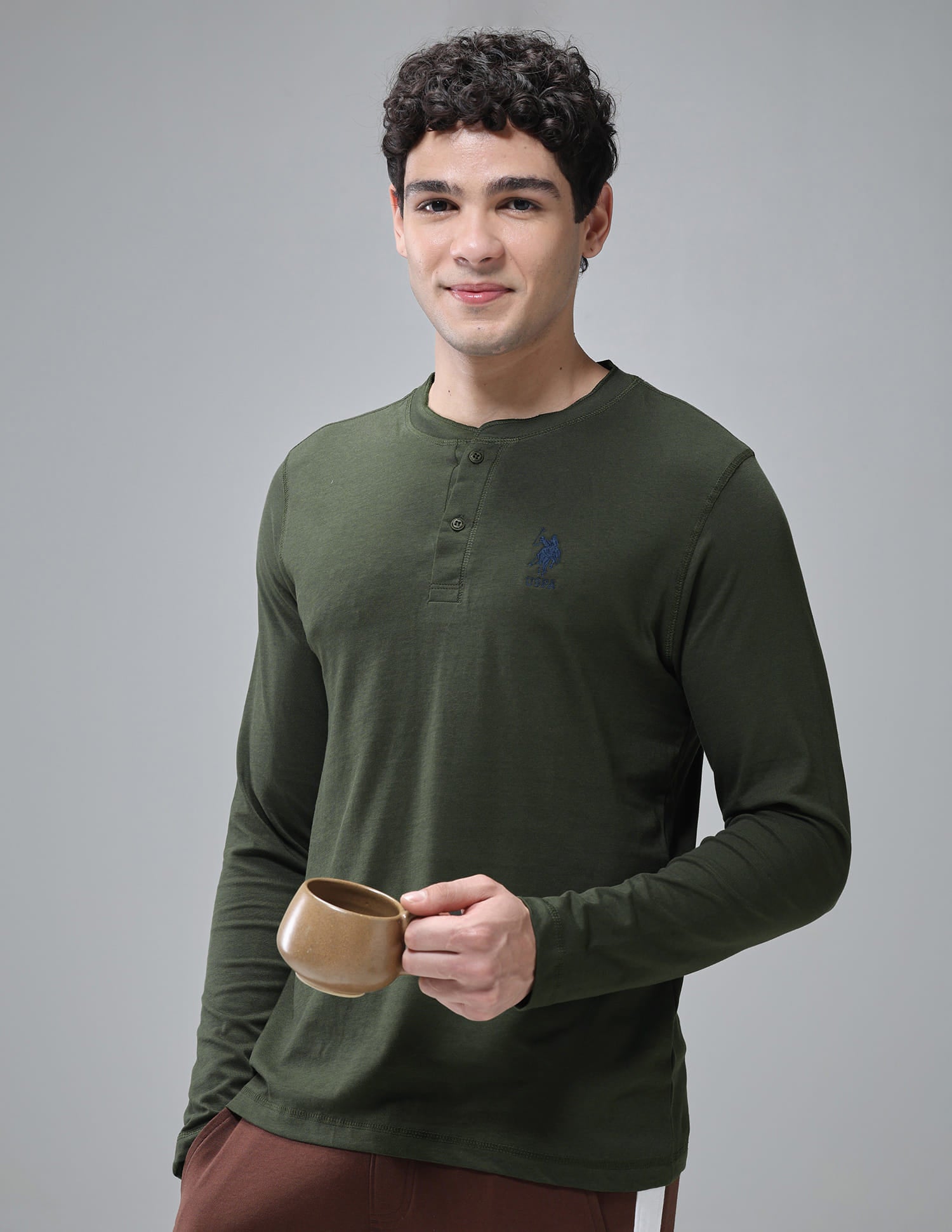 Comfort Fit Cotton I694 Henley Lounge T-Shirt - Pack Of 1 Olive - U.S. Polo Assn. India | Large