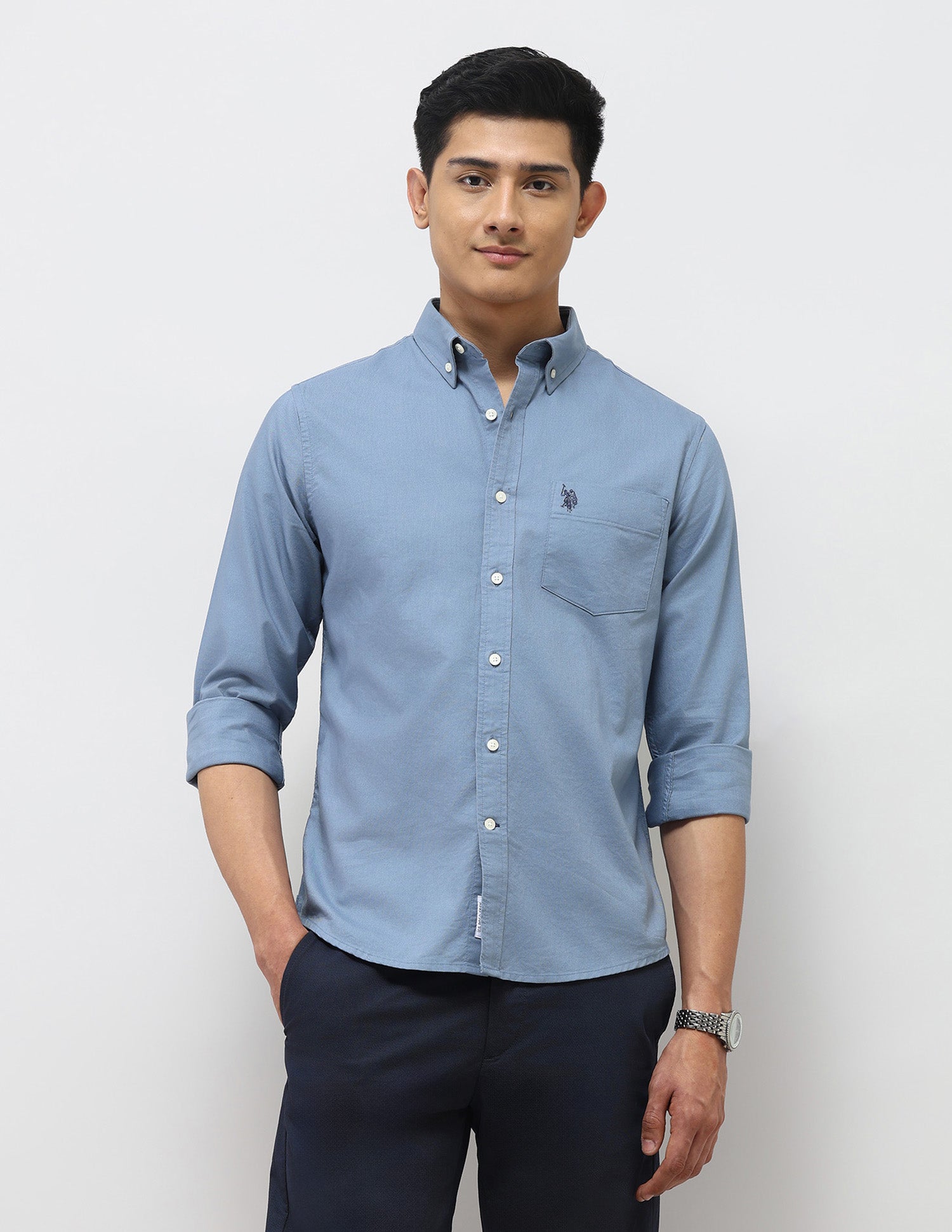 Tailored Fit Oxford Button Down Shirt Blue - U.S. Polo Assn. India | Large
