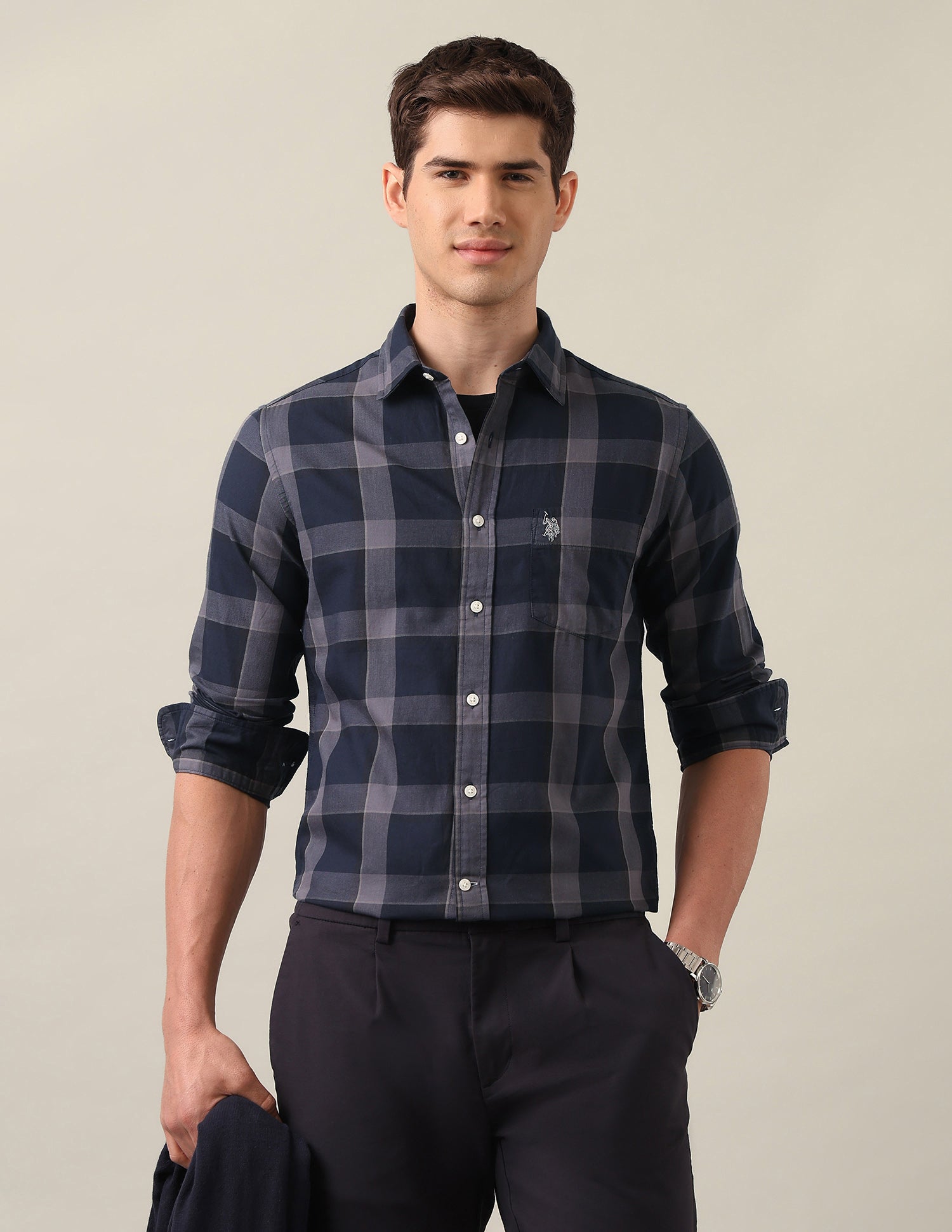 Grid Tattersall Checked Twill Shirt Dark Grey - U.S. Polo Assn. India | Large