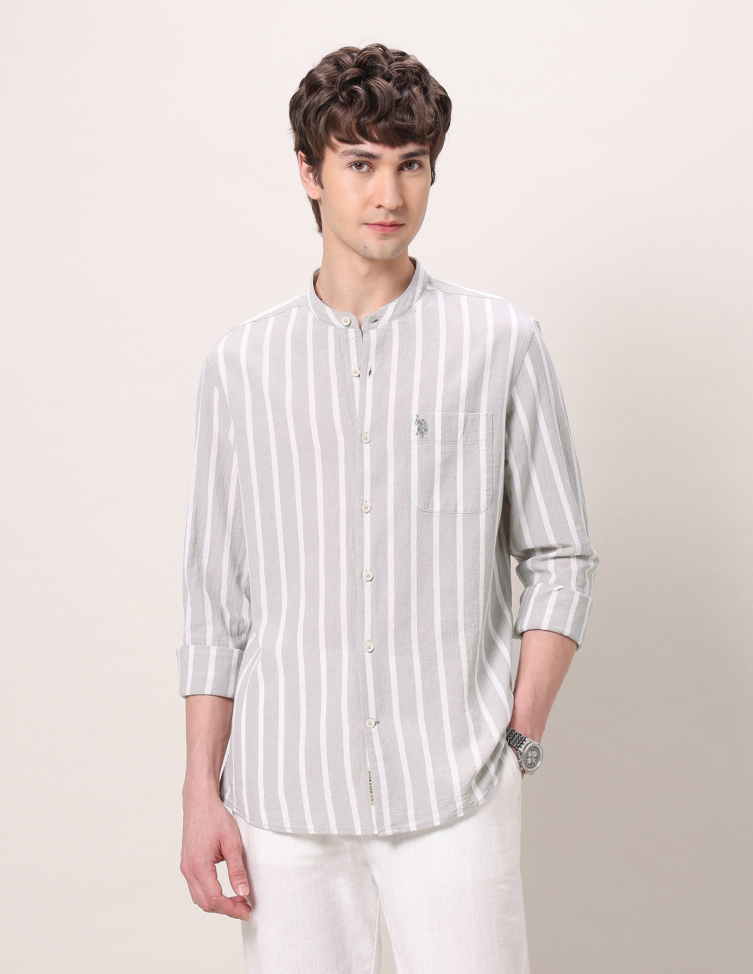 Pure Cotton Poplin Mandarin Shirt Grey - U.S. Polo Assn. India | Large