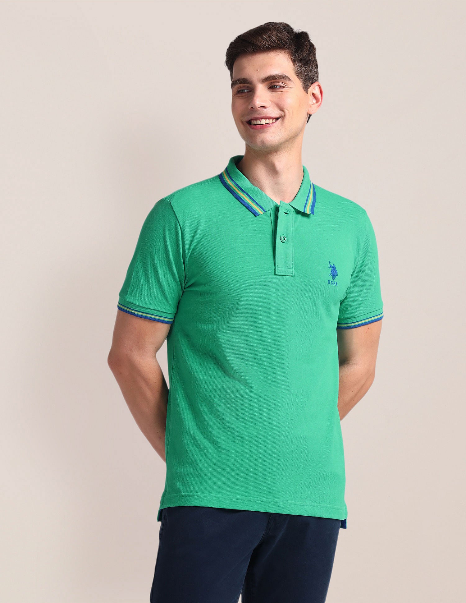 Tipped Collar Slim Polo Shirt Green - U.S. Polo Assn. India | Large