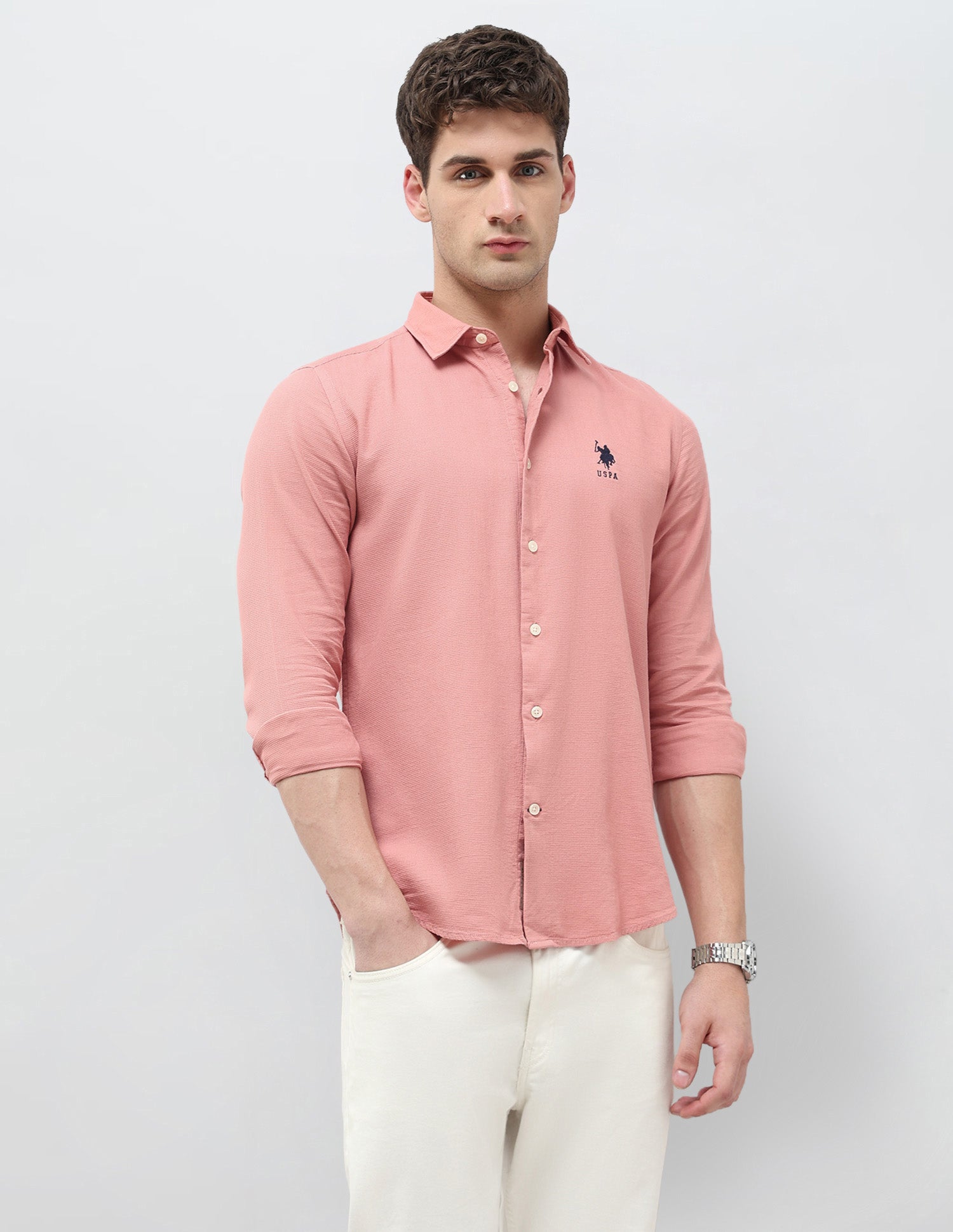 Textured Dobby Regular Fit Shirt Dark Pink - U.S. Polo Assn. India | Large