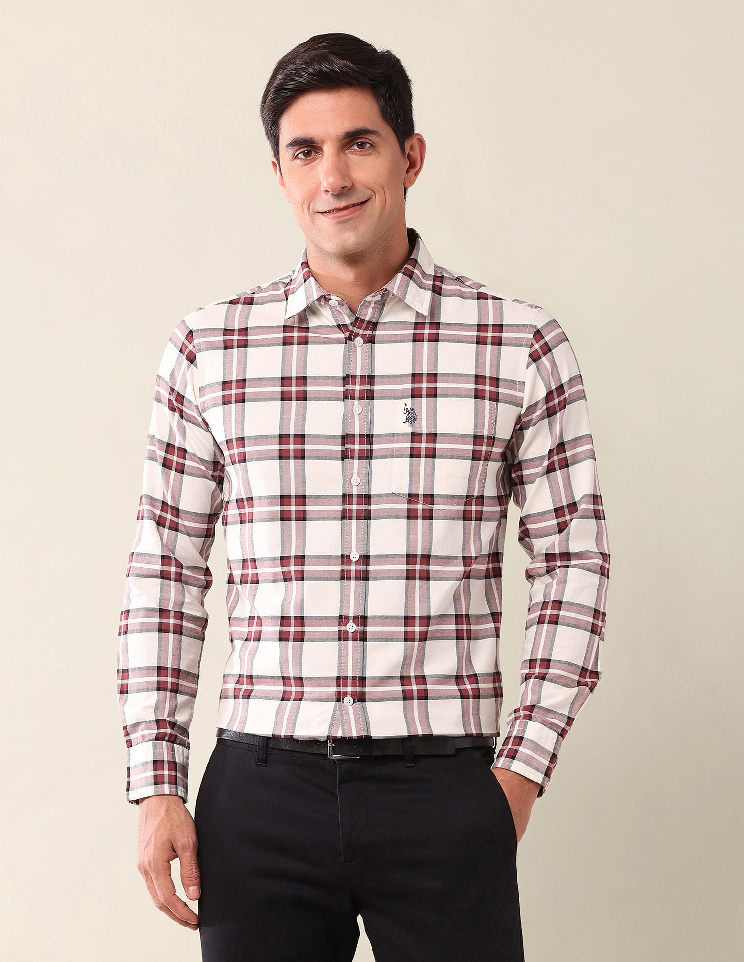 Tailored Fit Checked Shirt Off White - U.S. Polo Assn. India | Large