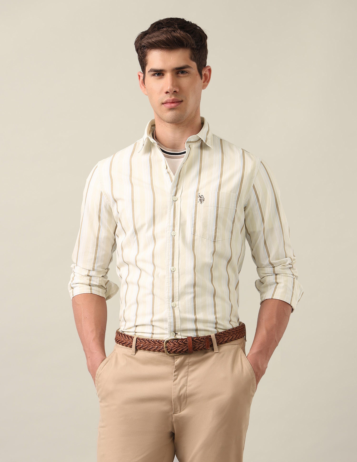 Tailored Fit Vertical Striped Shirt Beige - U.S. Polo Assn. India | Large