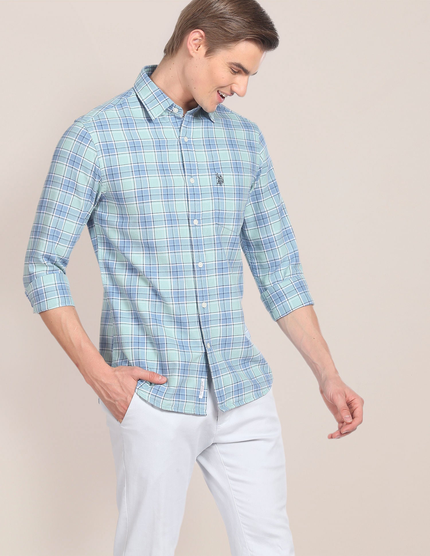 Tartan Check Tailored Fit Shirt Light Green - U.S. Polo Assn. India | Large