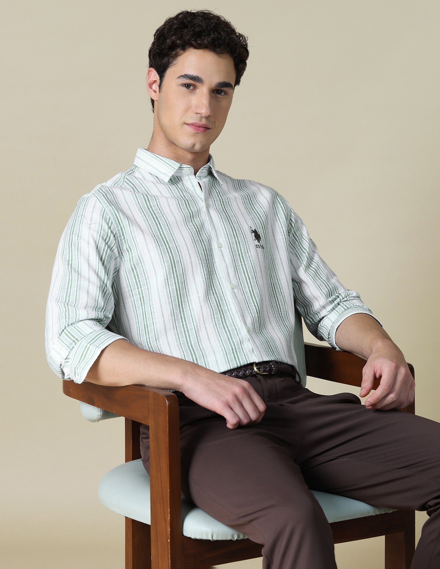 Vertical Striped Regular Fit Shirt Light Green - U.S. Polo Assn. India | Large