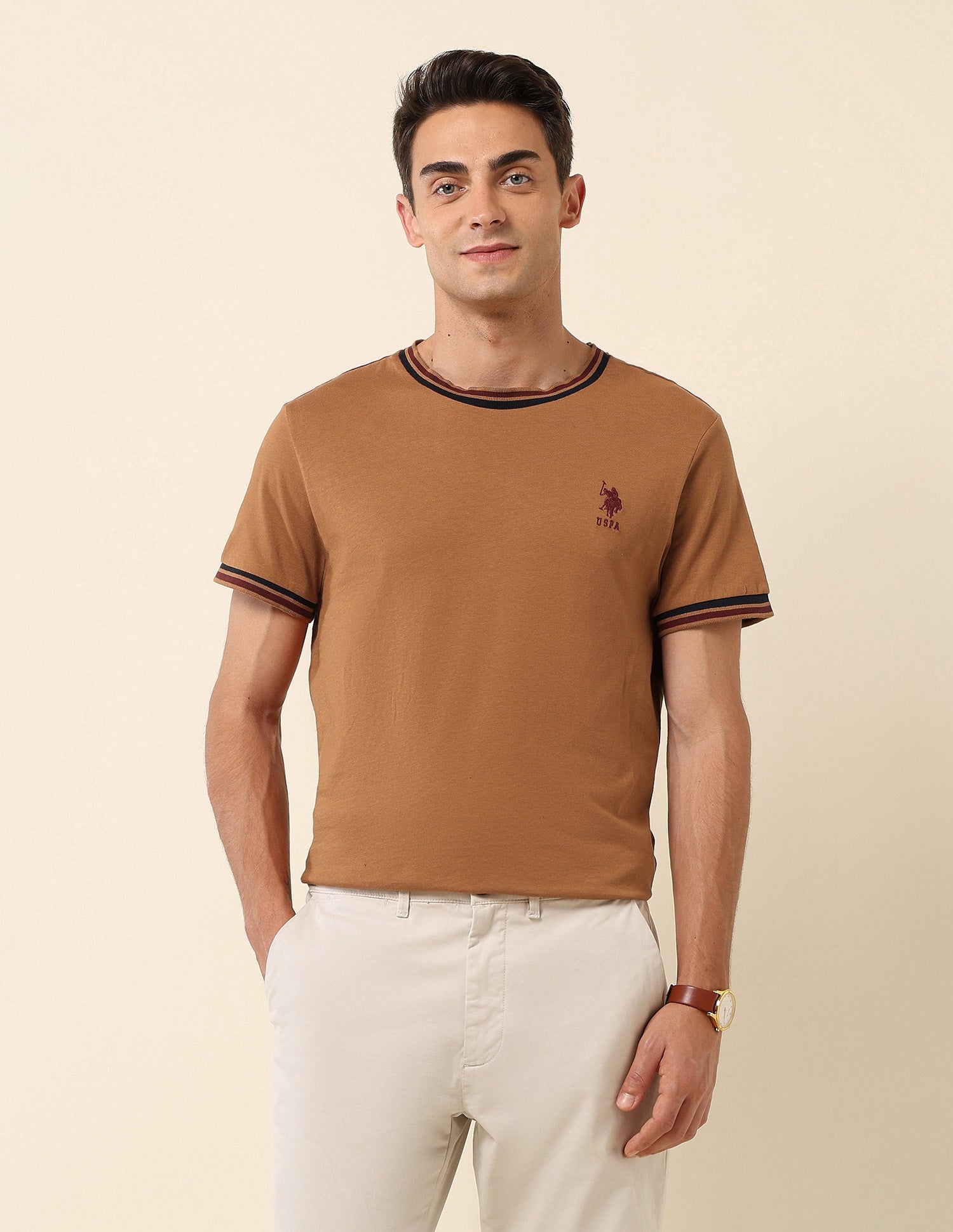 Pure Cotton Slim Fit T- Shirt Brown - U.S. Polo Assn. India | Large