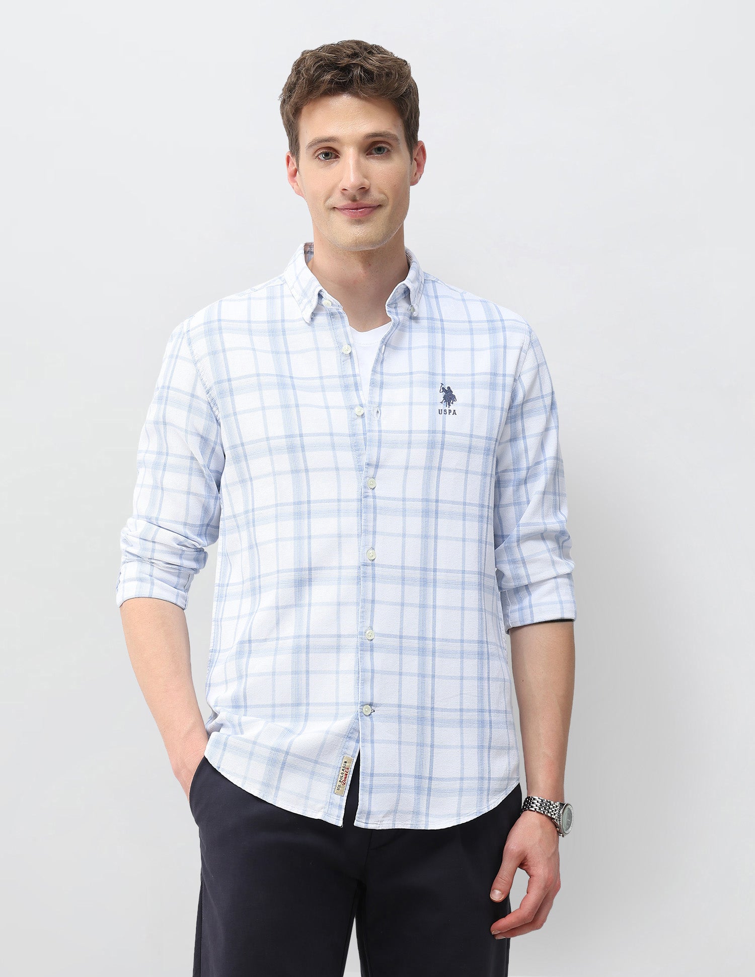 Tartan Checked Knitted Shirt Light Indigo - U.S. Polo Assn. India | Large