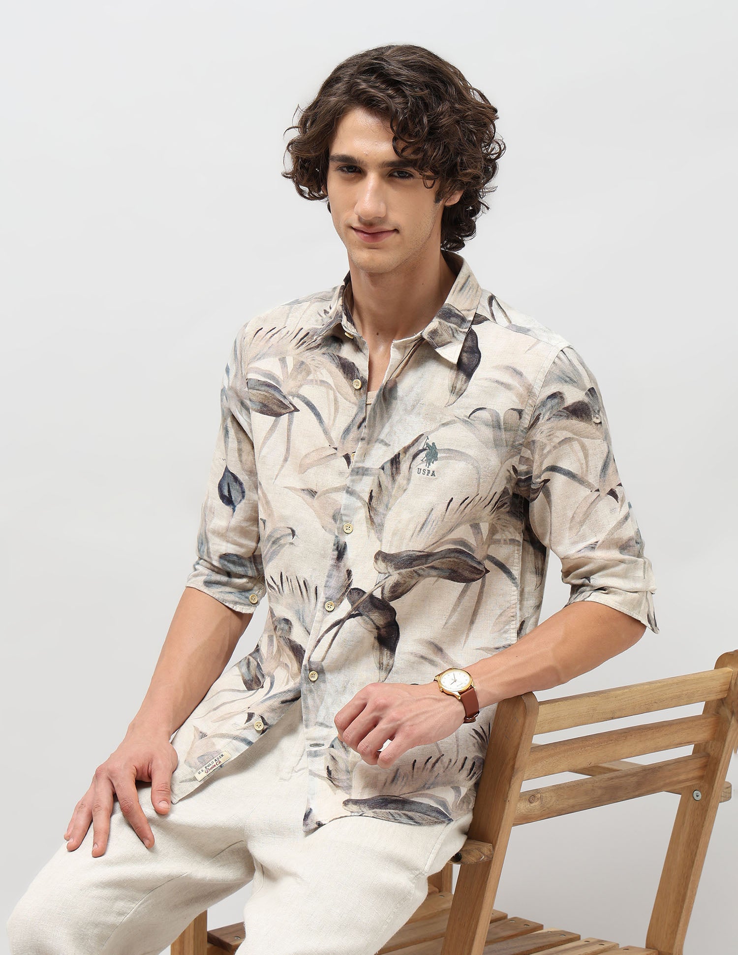 Tropical Printed Regular Fit Shirt Beige - U.S. POLO ASSN. | Large