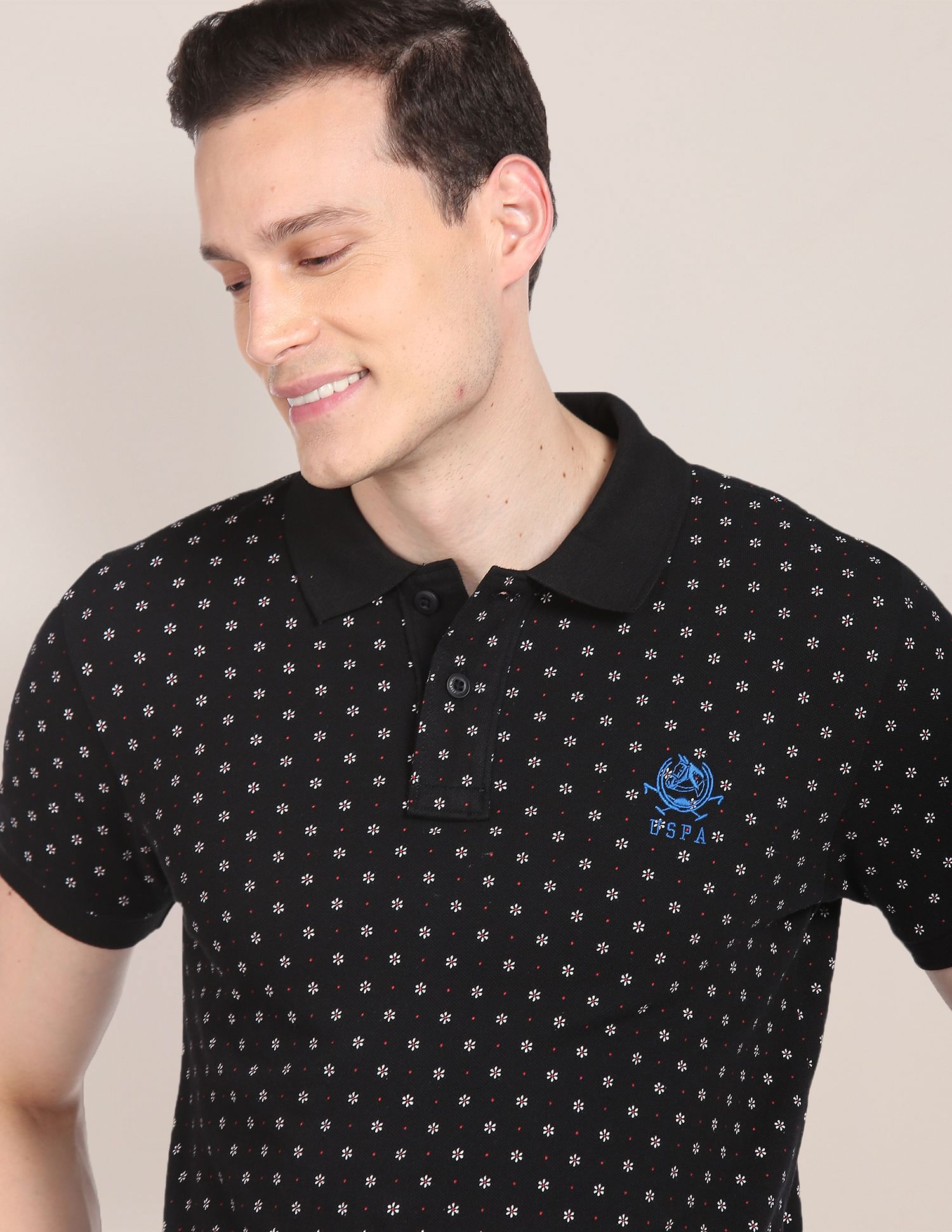 Floral Print Cotton Pique Polo Shirt Black - U.S. POLO ASSN. | Large