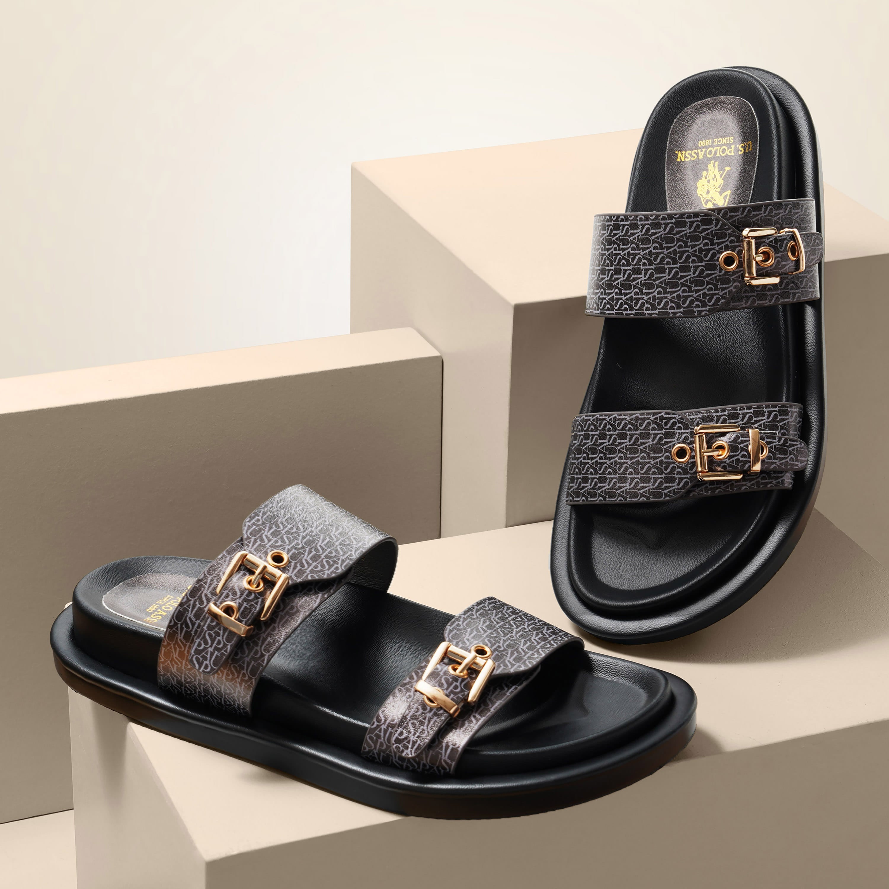 Maria Black Monogram Print Footbed Flats Black - U.S. Polo Assn. India | Large