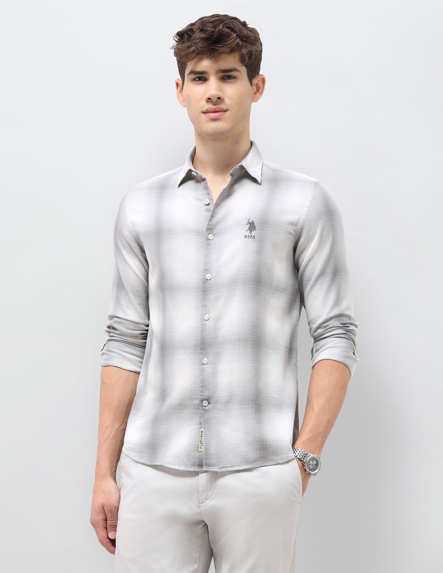 Tartan Checked Dobby Shirt Light Grey - U.S. Polo Assn. India | Large