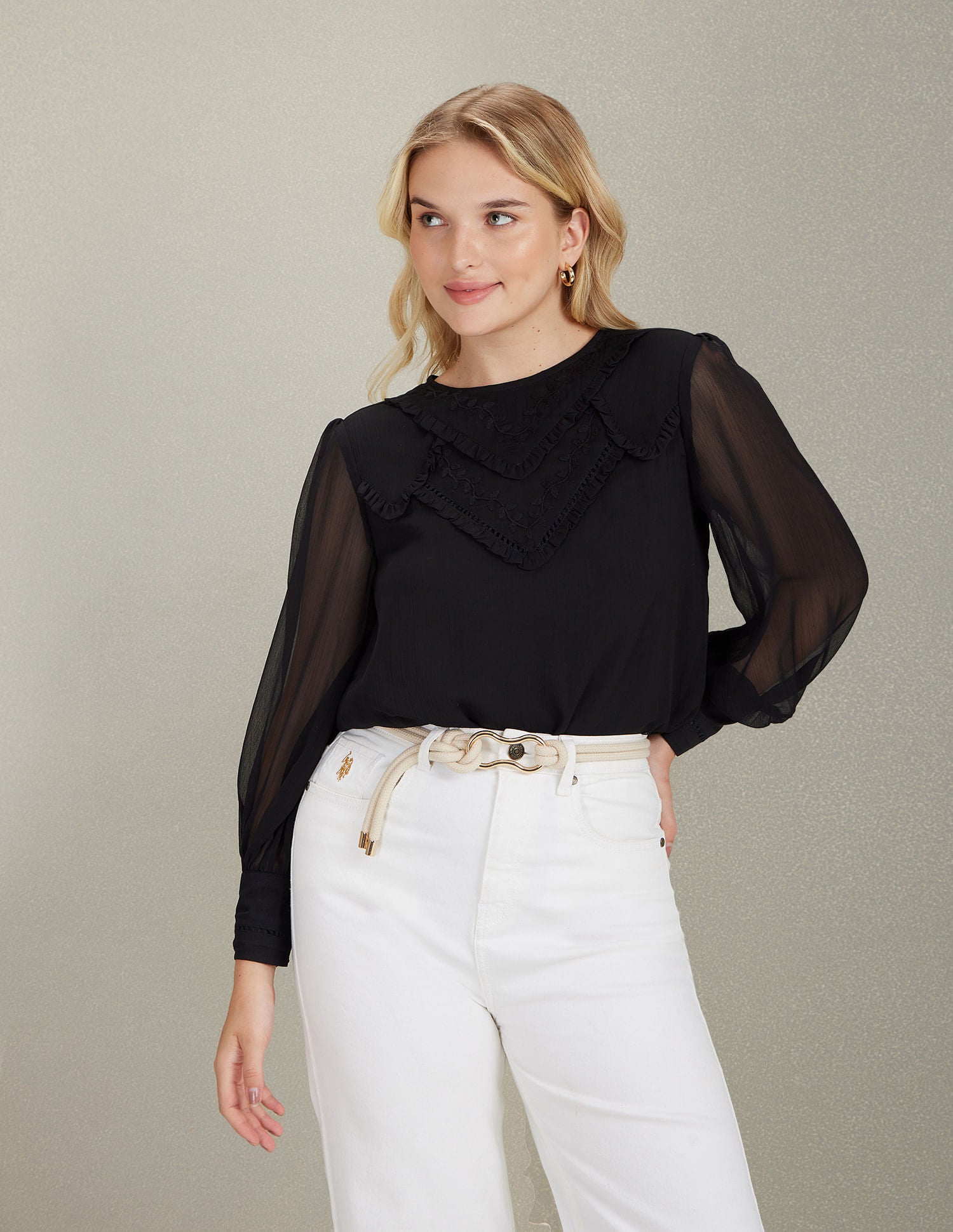 Ruffled Detail Long Sleeve Top Black - U.S. Polo Assn. India | Large